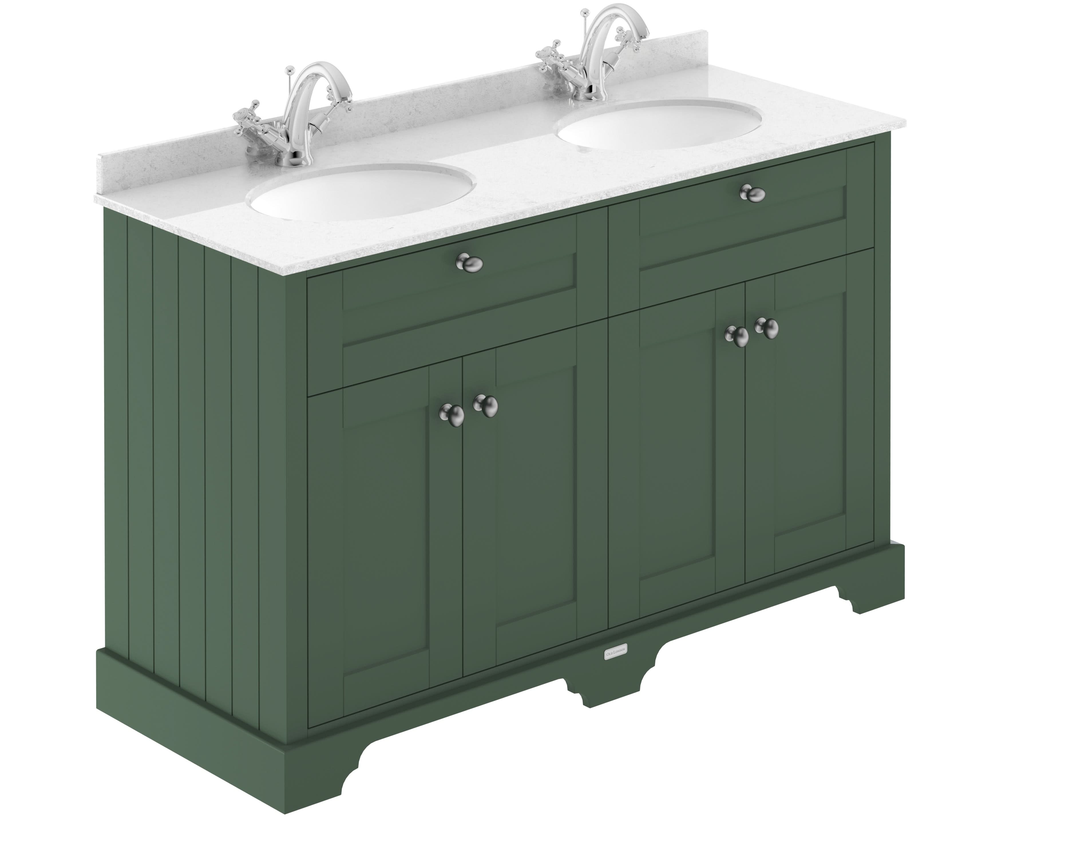 Old London Floor Standing Vanity Unit with Double Basin 1 Tap Hole and White Marble Top, Durable 4 Angled Door Traditional Bathroom Vanity Unit in Hunter Green, 1200mm