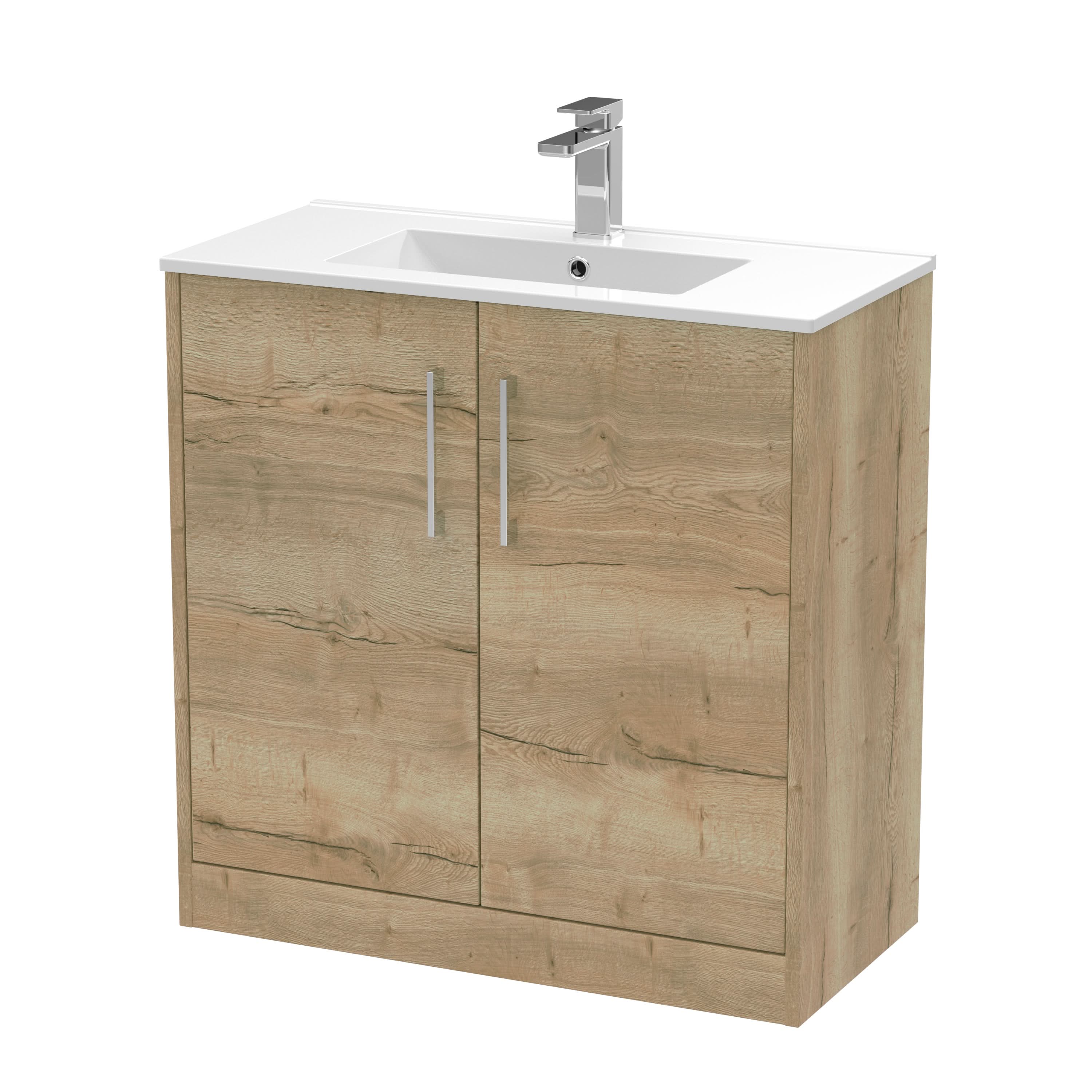 Hudson Reed Juno Floor Standing 2-Door Vanity & Minimalist 1 Tap Hole Basin, Premium Sink Vanity Unit, Autumn Oak, 800mm