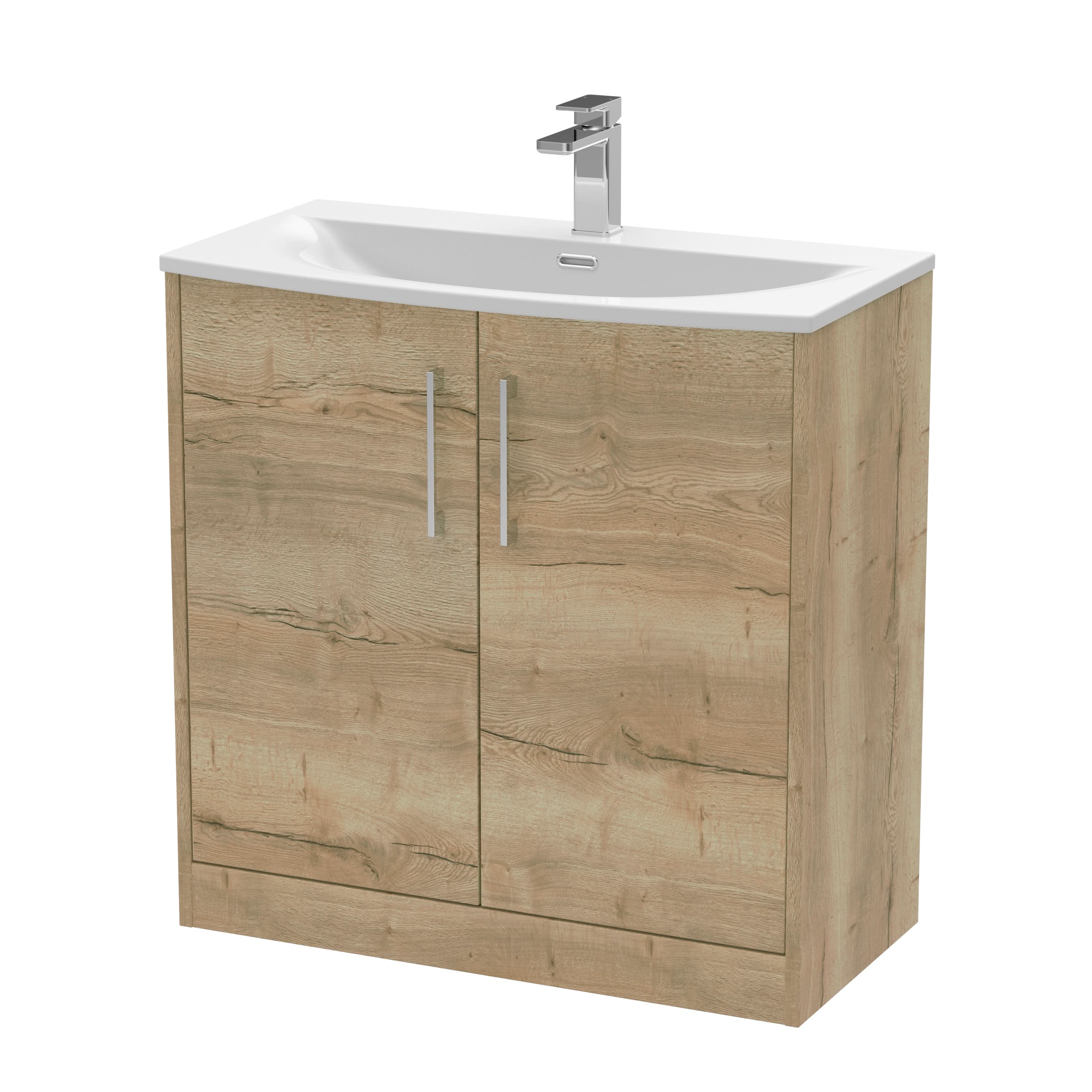 Hudson Reed Juno Floor Standing 2-Door Vanity & Curved 1 Tap Hole Basin, Premium Sink Vanity Unit, Autumn Oak, 800mm