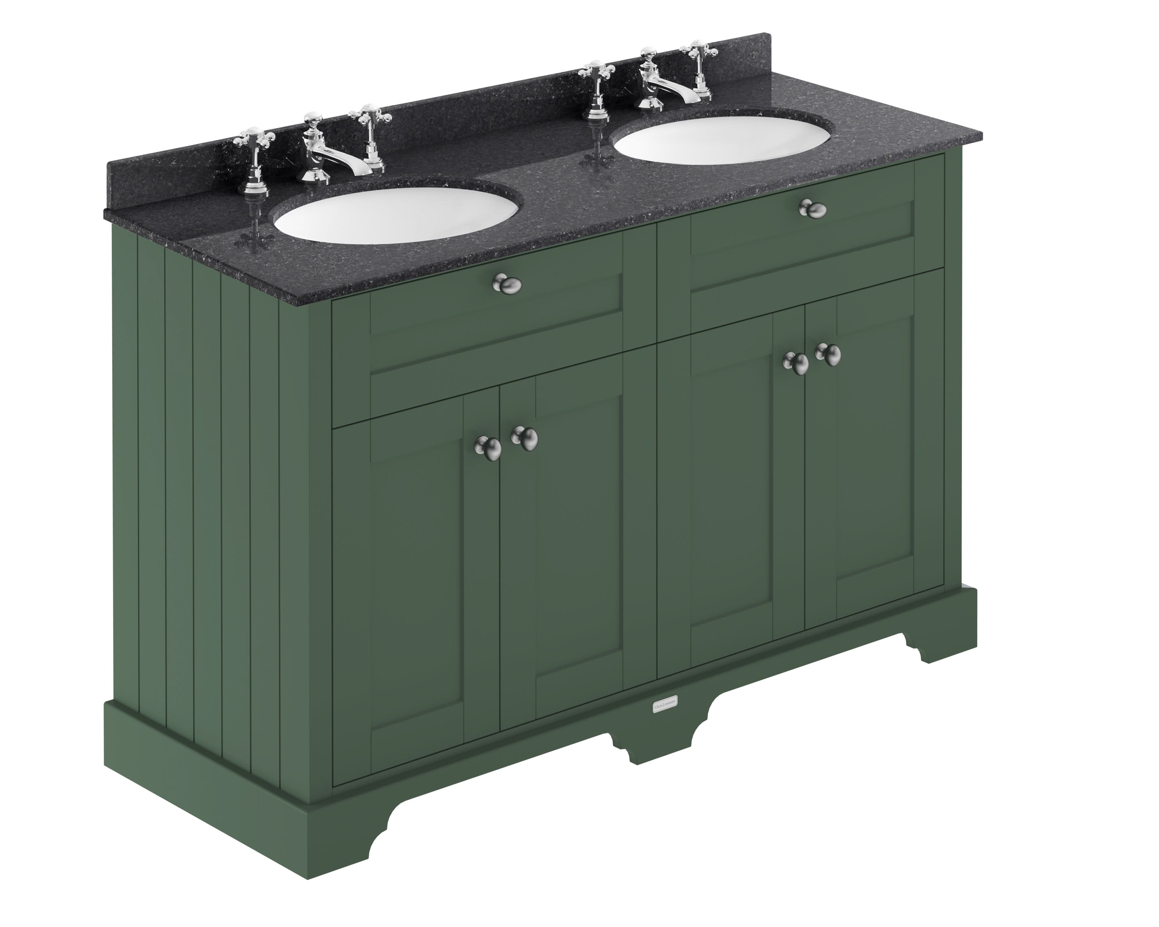 Old London Floor Standing Vanity Unit with Double 3 Tap Hole Basin and Black Marble Top, Durable 4 Doors Vanity Unit for Classic Bathrooms in Hunter Green, 1200mm