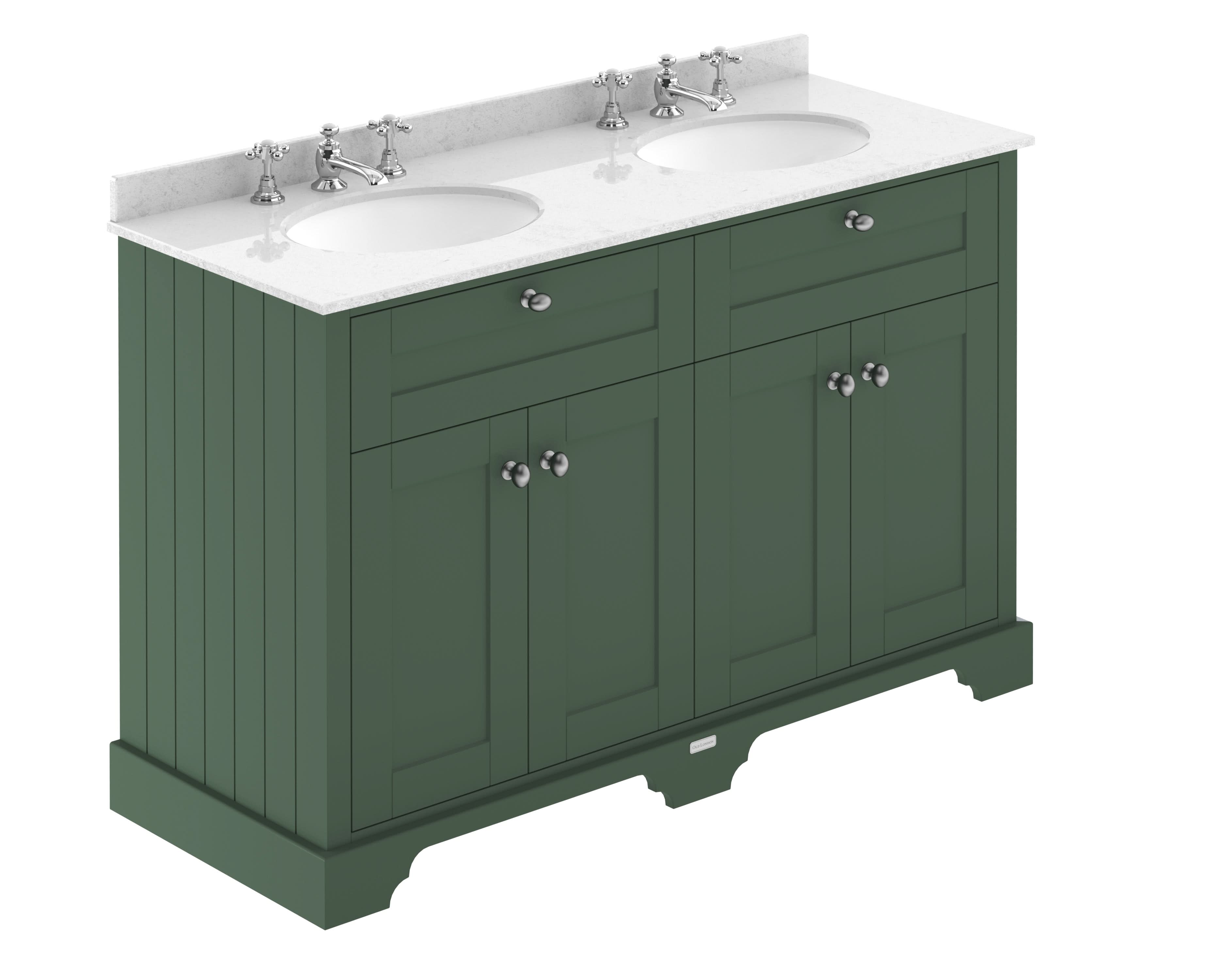 Old London Floor Standing Vanity Unit with Double Basin 3 Tap Holes and White Marble Top, Traditional Bathroom Vanity Unit with 4 Soft Close Doors in Hunter Green, 1200mm