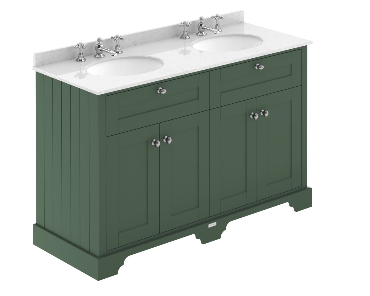 Old London Floor Standing Vanity Unit with Double Basin 3 Tap Holes and White Marble Top, Traditional Bathroom Vanity Unit with 4 Soft Close Doors in Hunter Green, 1200mm