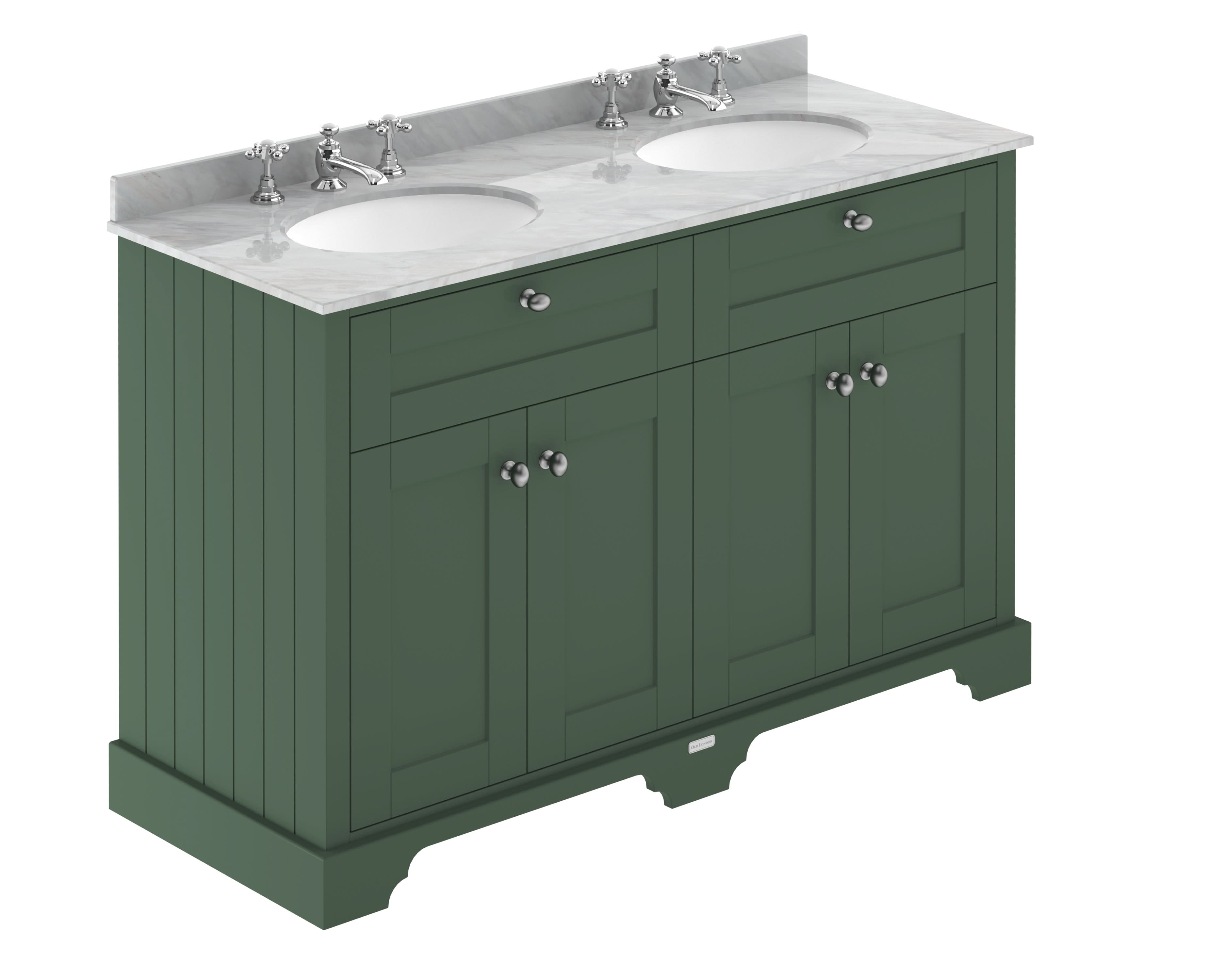 Old London Floor Standing Vanity Unit with Double 3 Tap Hole and Grey Marble Basin, Traditional 4 Door Sink Vanity Unit for Bathroom with Storage in Hunter Green, 1200mm
