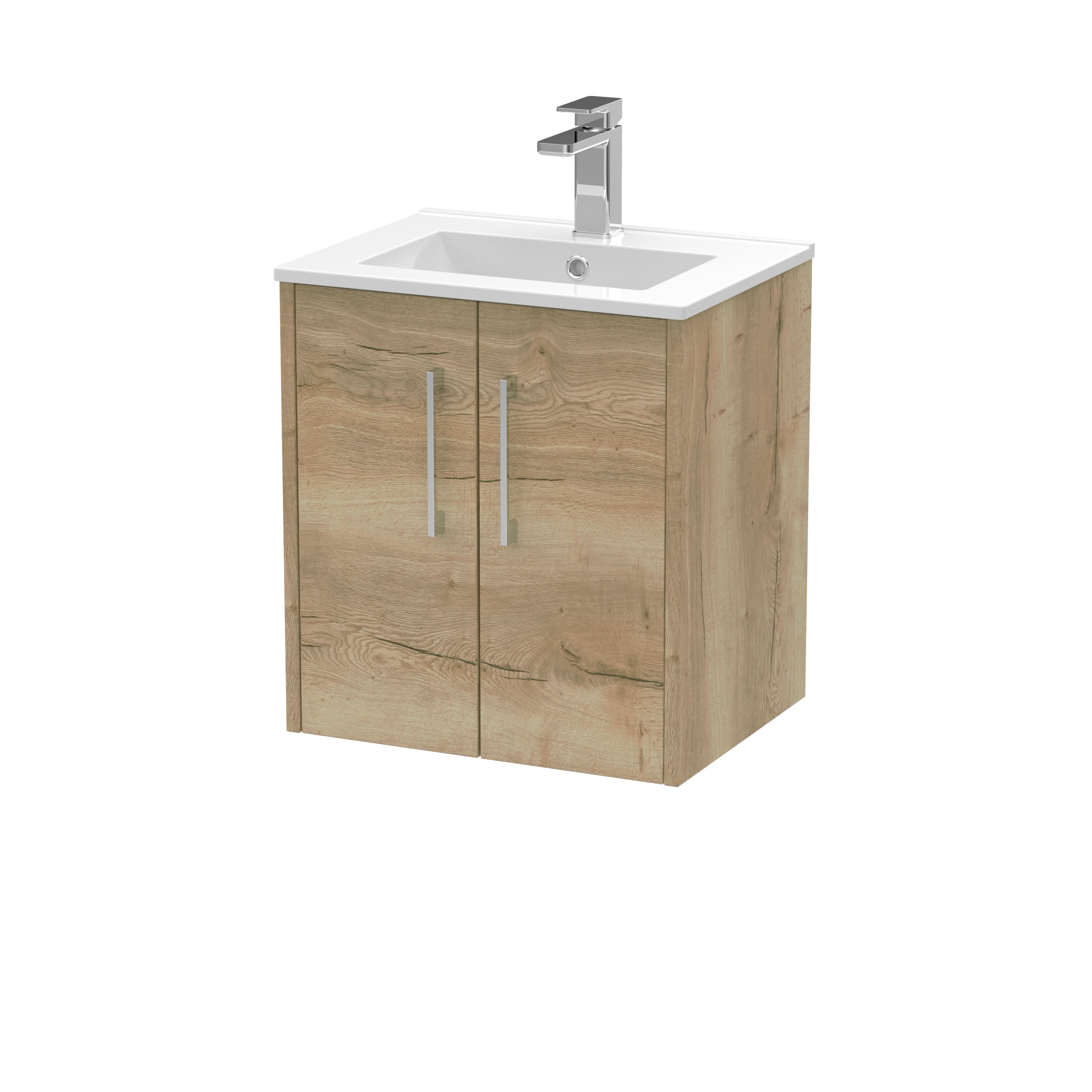 Hudson Reed Juno Wall Hung 2-Door Vanity & Minimalist 1 Tap Hole Basin, Premium Sink Vanity Unit, Autumn Oak, 500mm