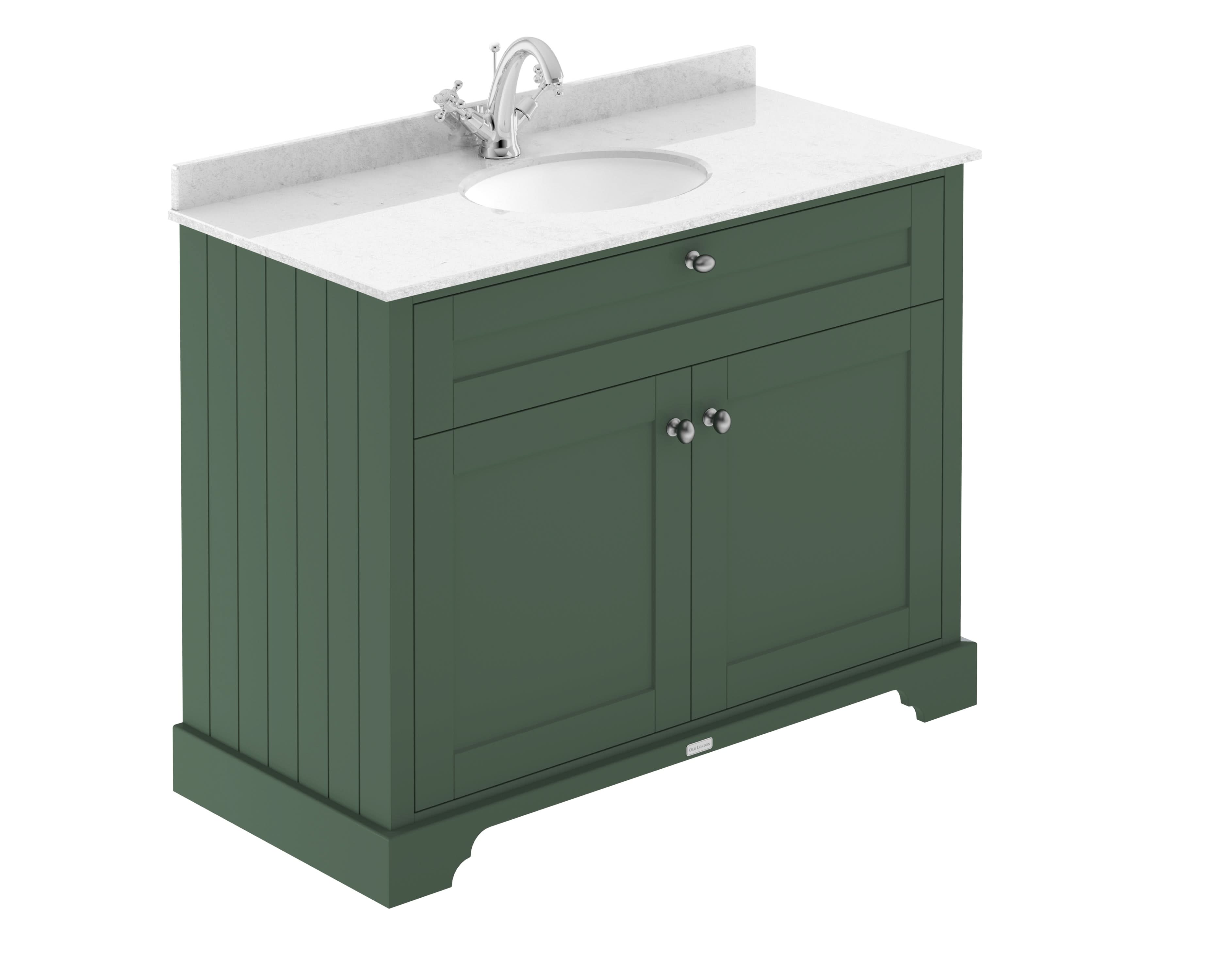 Old London Floor Standing Vanity Unit with Basin 1 Tap Hole and White Marble Top, Durable 2 Soft Close Doors Traditional Vanity Unit for Bathroom in Hunter Green, 1000mm