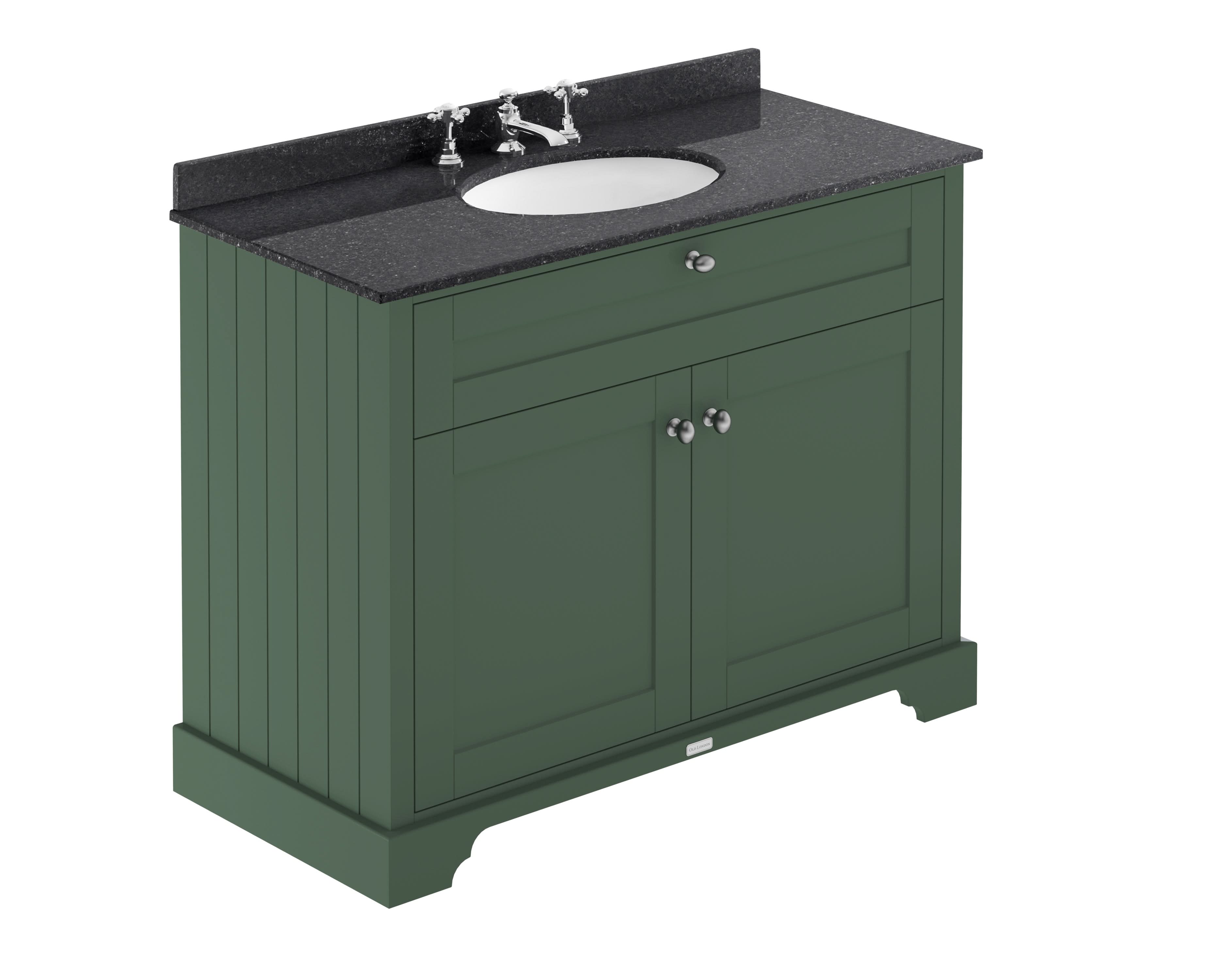 Old London Floor Standing Vanity Unit with 3 Tap Hole Basin and Black Marble Top, Durable 2 Soft Close Door Vanity Unit for Traditional Bathroom in Hunter Green, 1000mm