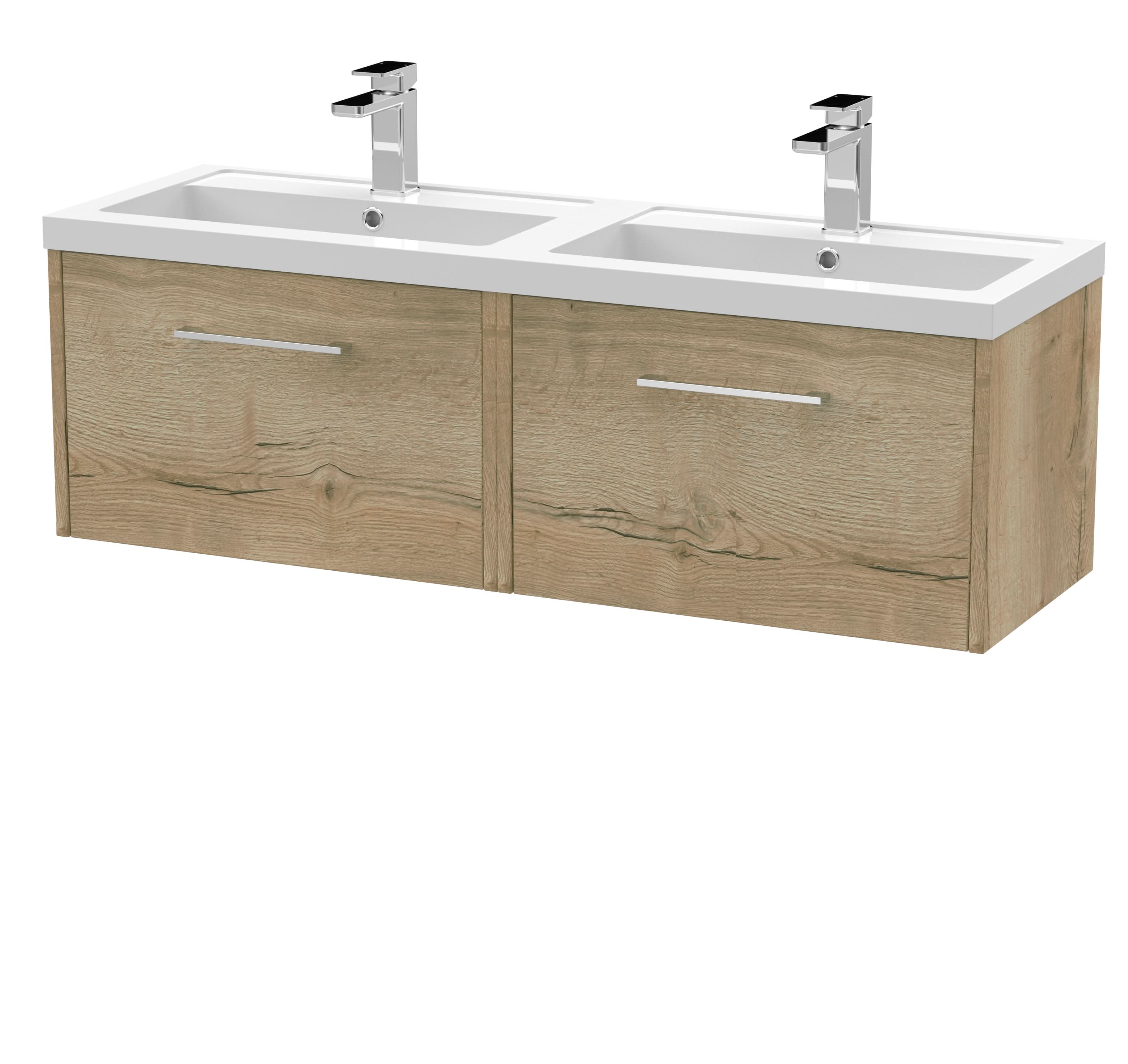 Hudson Reed Fluted Wall Hung 2-Drawer Vanity and Double Polymarble Basin, Stylish Sink Vanity Unit, Autumn Oak, 1200mm