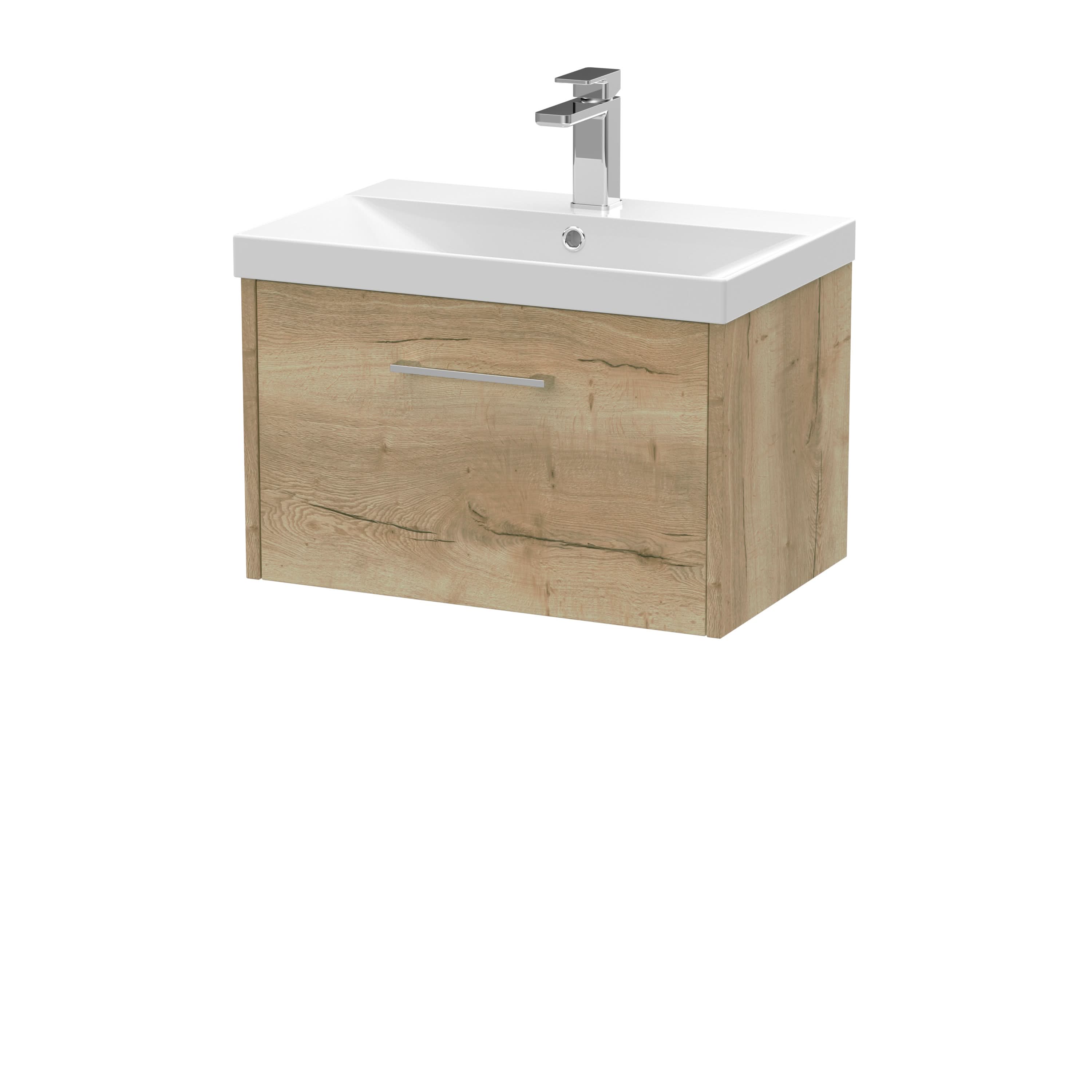Hudson Reed Juno Wall Hung 1-Drawer Vanity and Thin-Edge 1 Tap Hole Basin, Modern Sink Vanity Unit, Autumn Oak, 600mm
