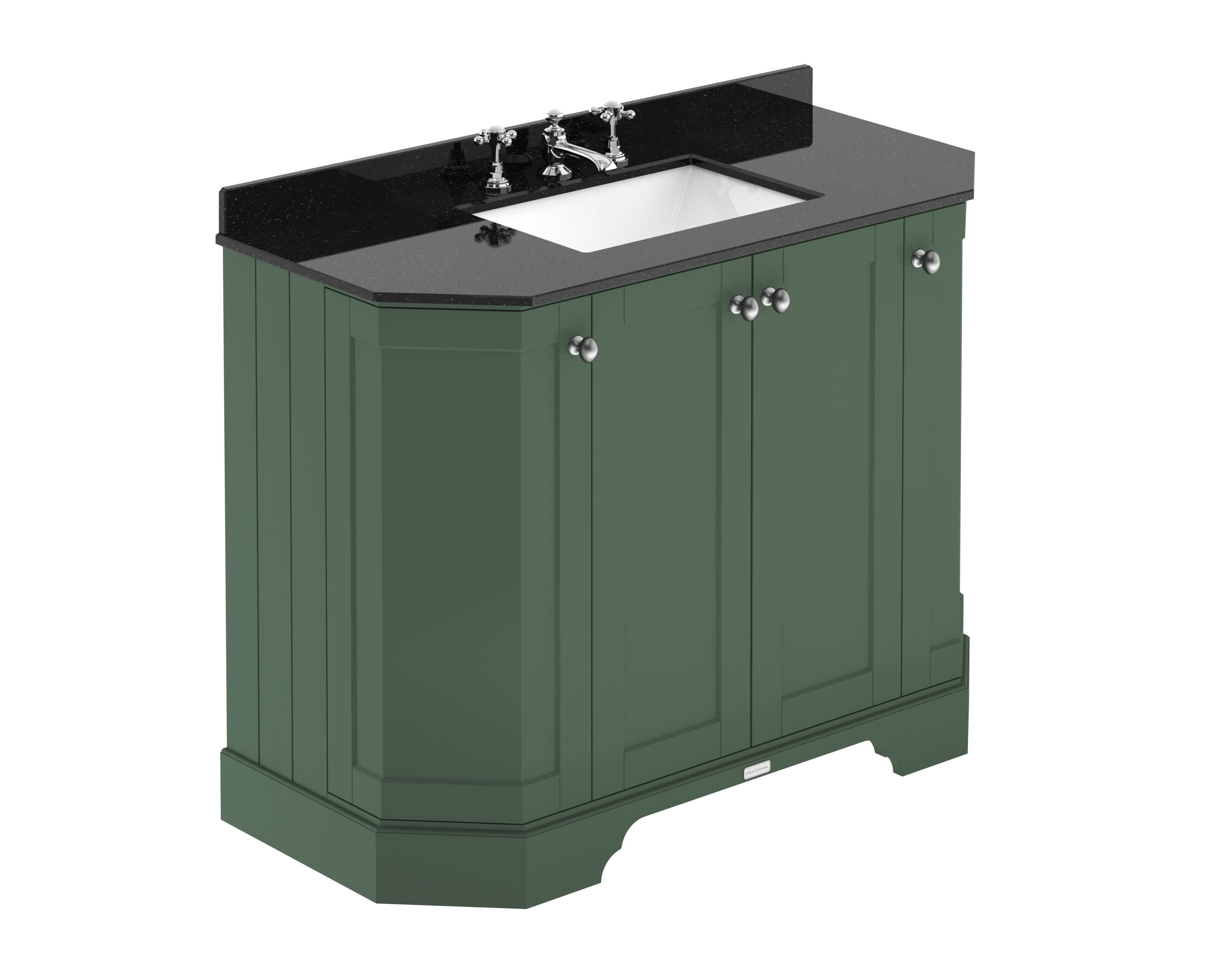 Old London Floor Standing Vanity Unit with Basin 3 Tap Hole Black Marble Top, Durable 4 Soft Close Door Angled Traditional Bathroom Vanity Unit in Hunter Green, 1000mm