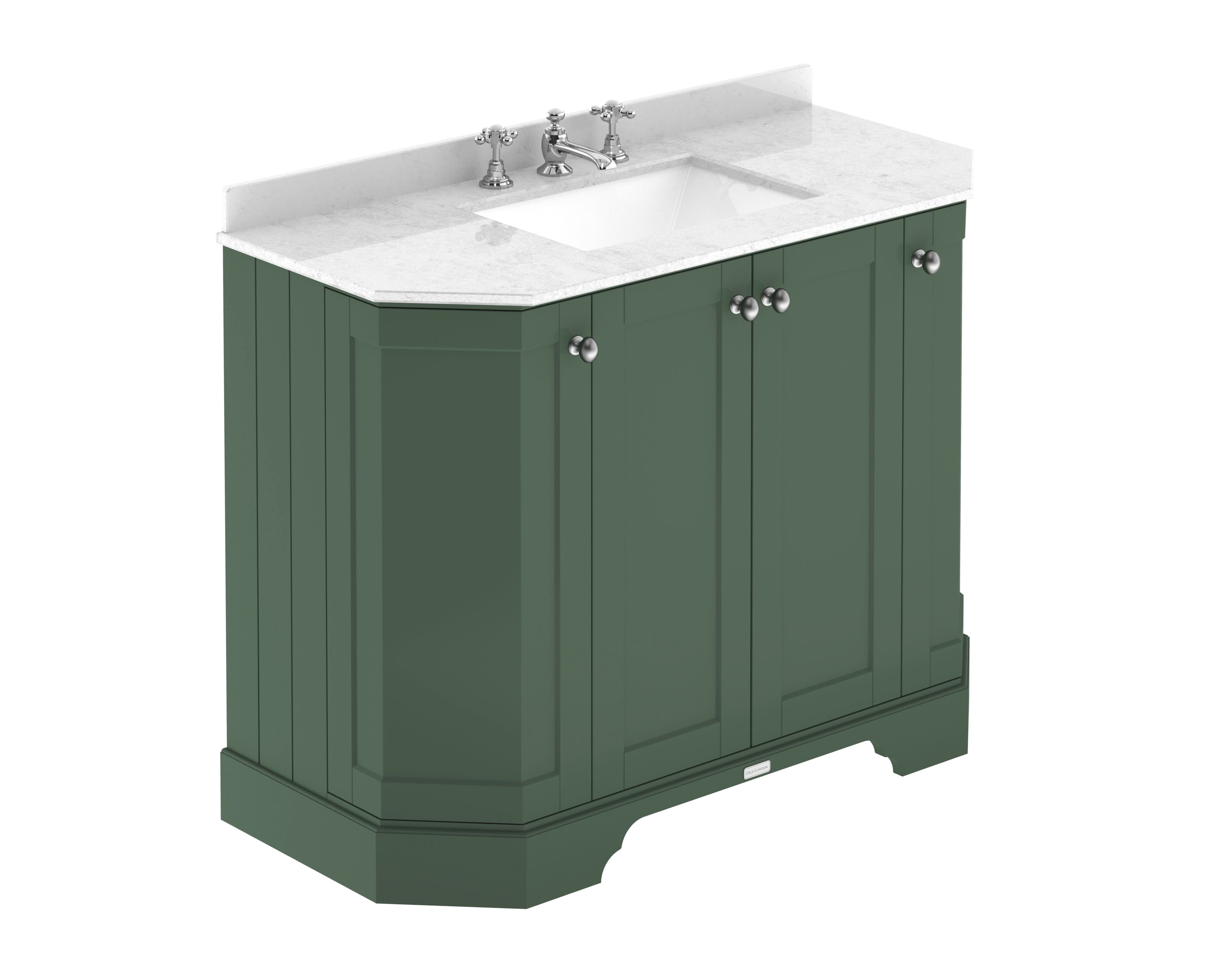 Old London Floor Standing Vanity Unit with Basin 3 Tap Hole and White Marble Top, Durable Angled 4 Door Traditional Bathroom Vanity Units in Hunter Green, 1000mm