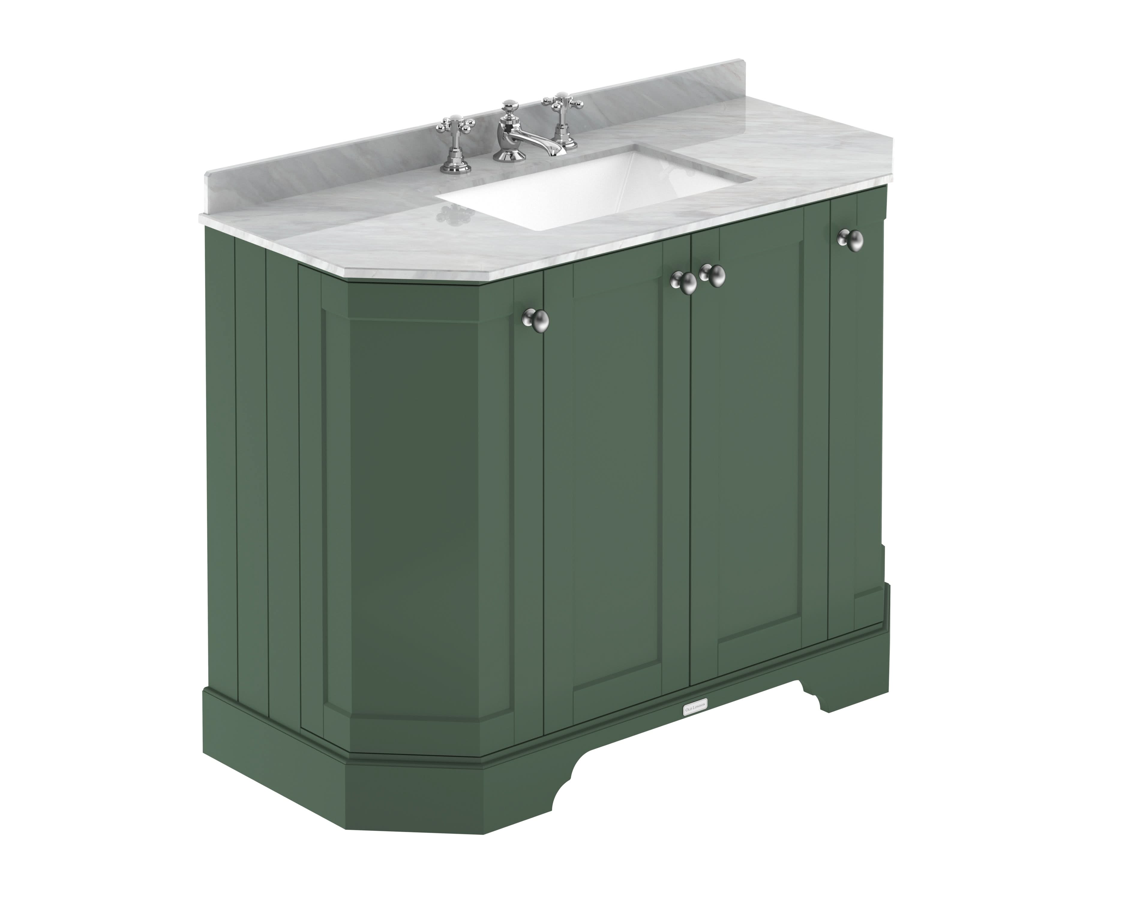 Old London Floor Standing Vanity Unit with Basin 3 Tap Hole and Grey Marble Top, Durable Angled 4 Door Traditional Vanity Unit for Bathroom in Hunter Green Finish, 1000mm