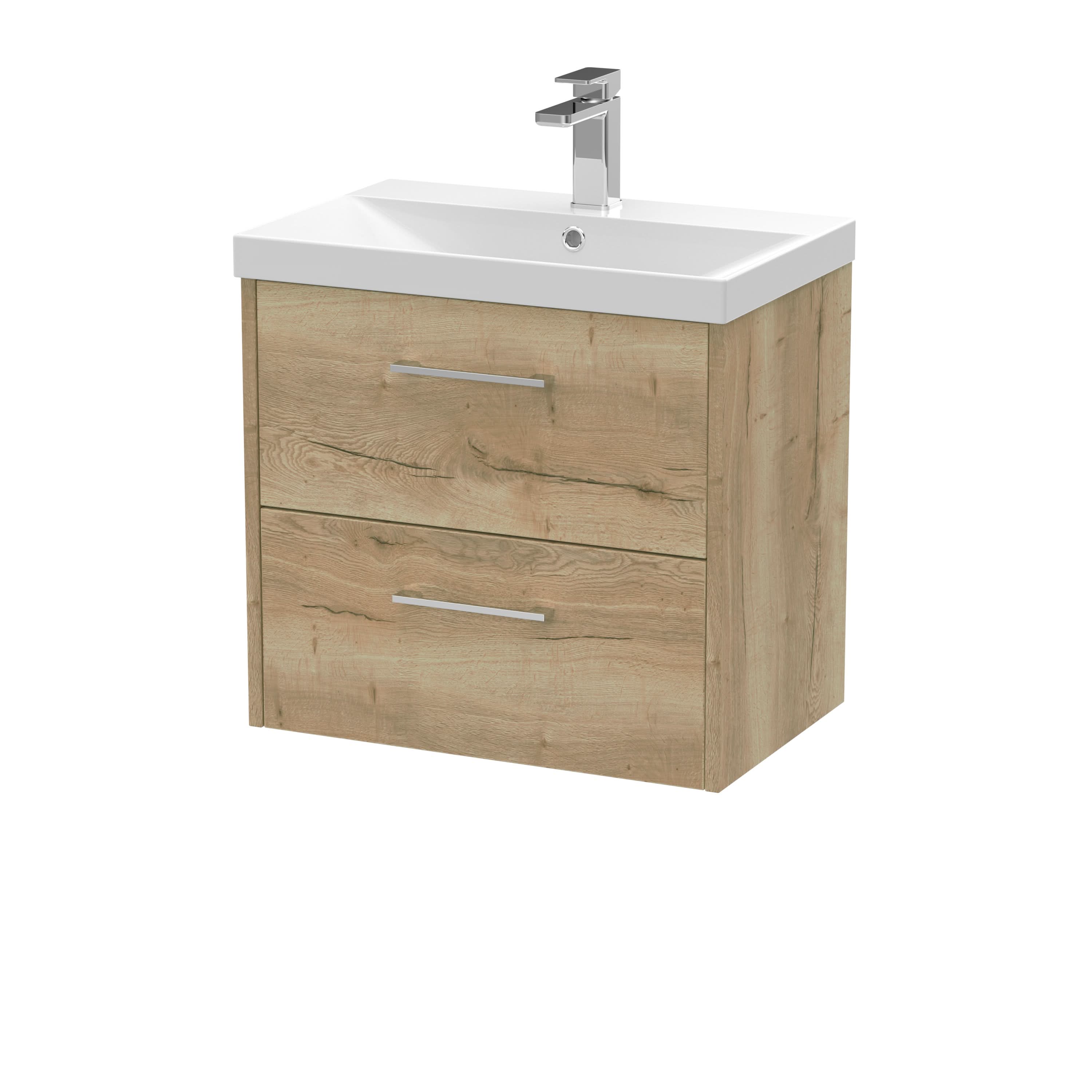 Hudson Reed Juno Wall Hung 2-Drawer Vanity and Thin-Edge 1 Tap Hole Basin, Modern Sink Vanity Unit, Autumn Oak, 600mm