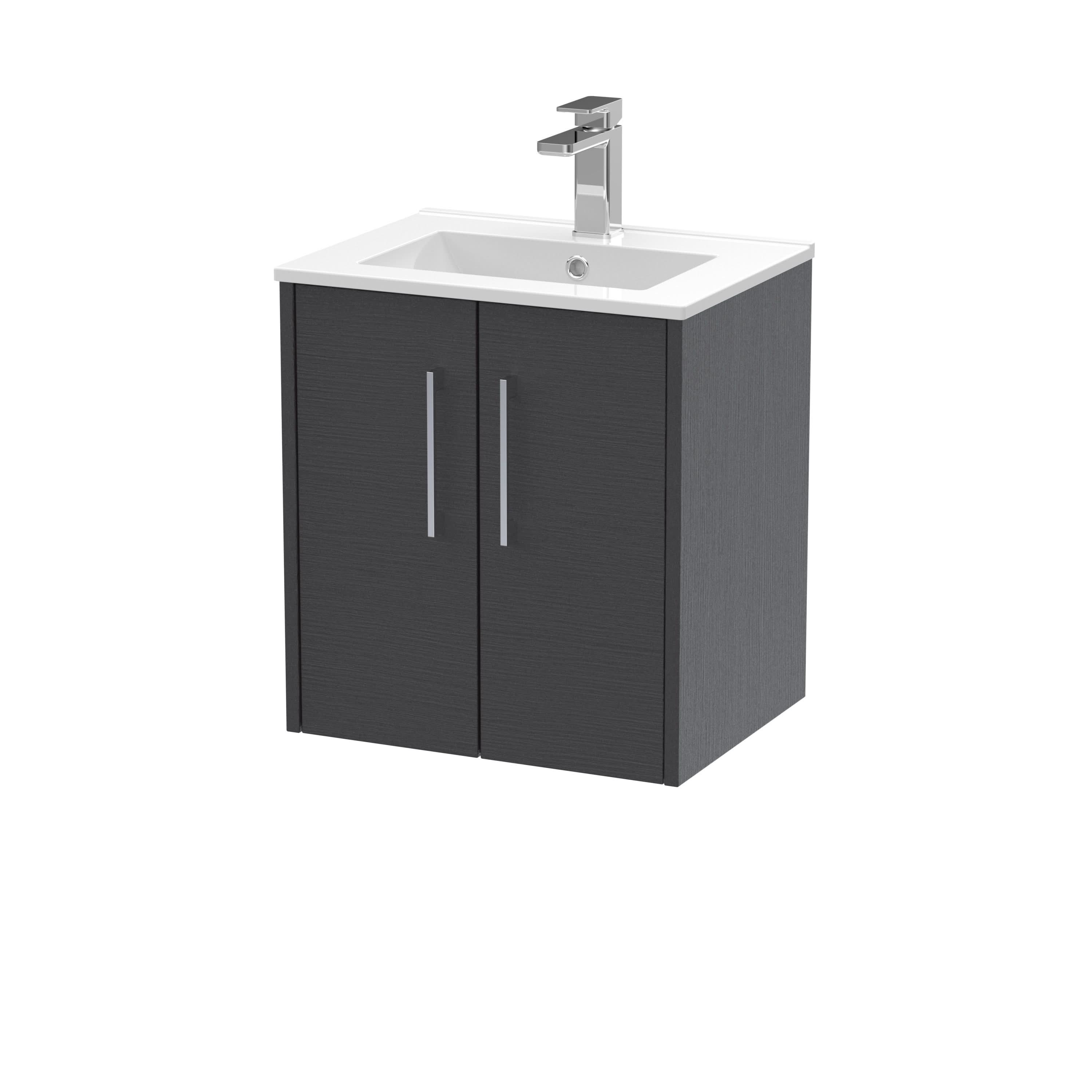 Hudson Reed Juno Wall Hung 2-Door Vanity & Minimalist 1 Tap Hole Basin, Premium Sink Vanity Unit, Graphite Grey Woodgrain, 500mm