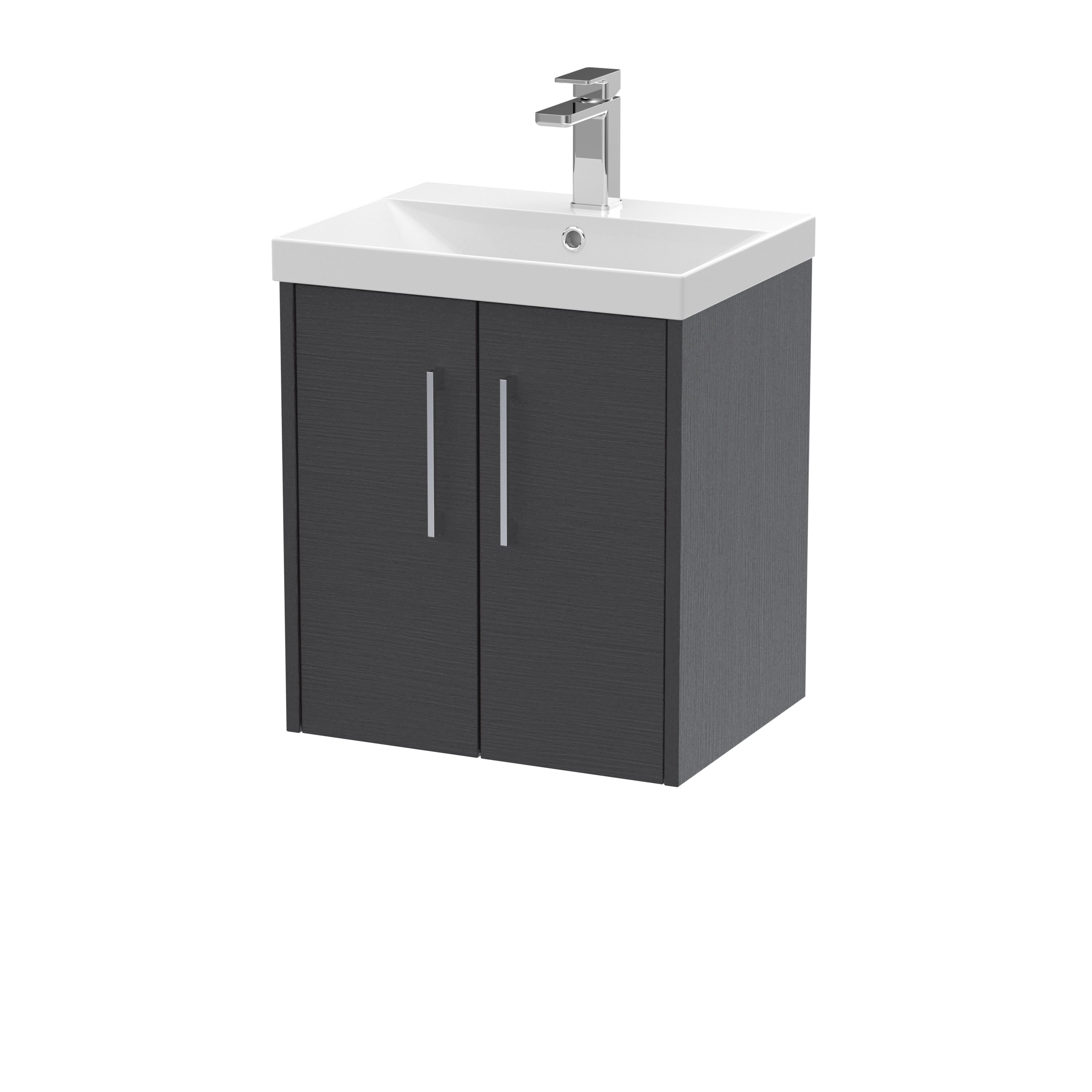 Hudson Reed Juno Wall Hung 2-Door Vanity & Thin-Edge 1 Tap Hole Basin, Premium Sink Vanity Unit, Graphite Grey Woodgrain, 500mm