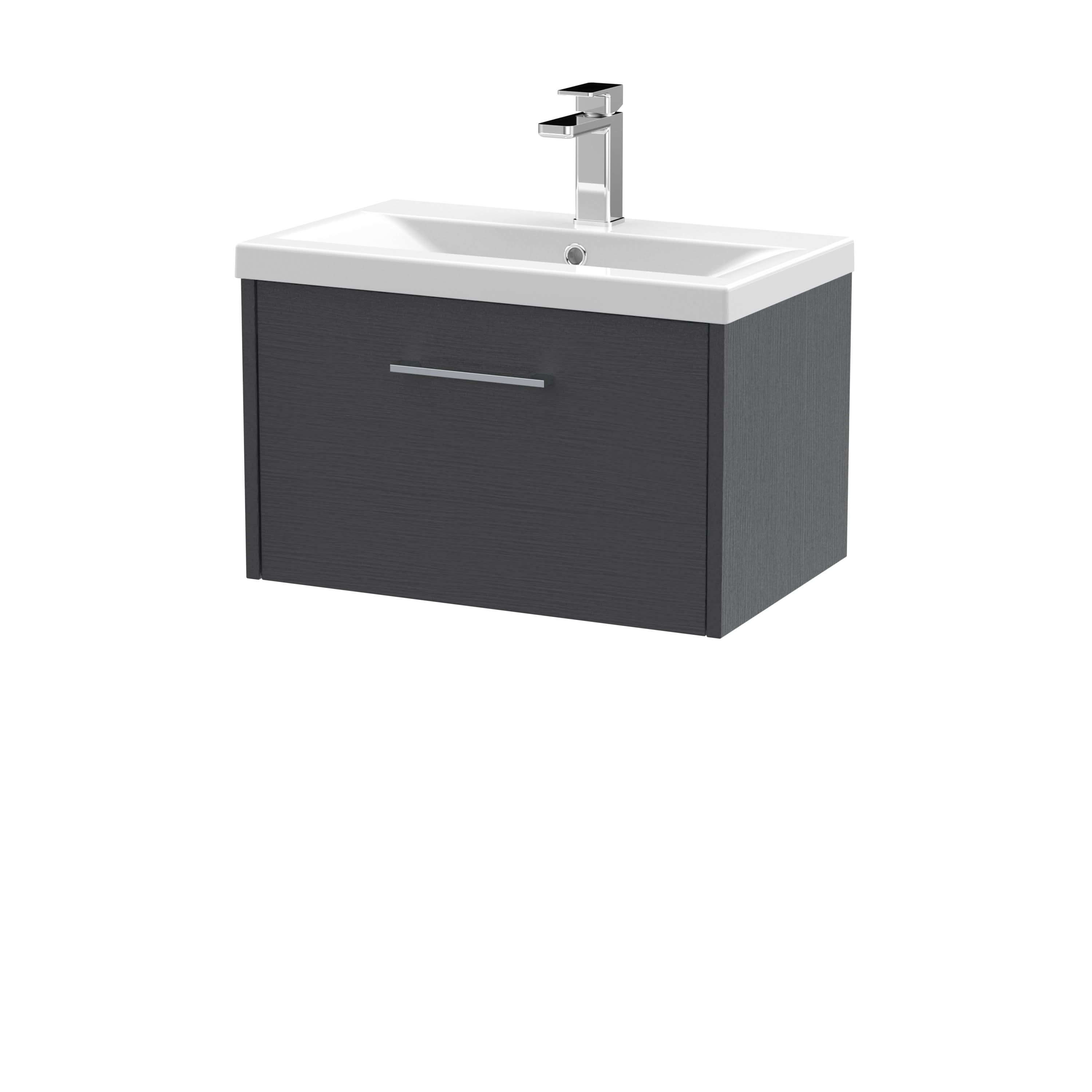 Hudson Reed Juno Wall Hung 1-Drawer Vanity and Mid-Edge 1 Tap Hole Basin, Modern Sink Vanity Unit, Graphite Grey Woodgrain, 600mm