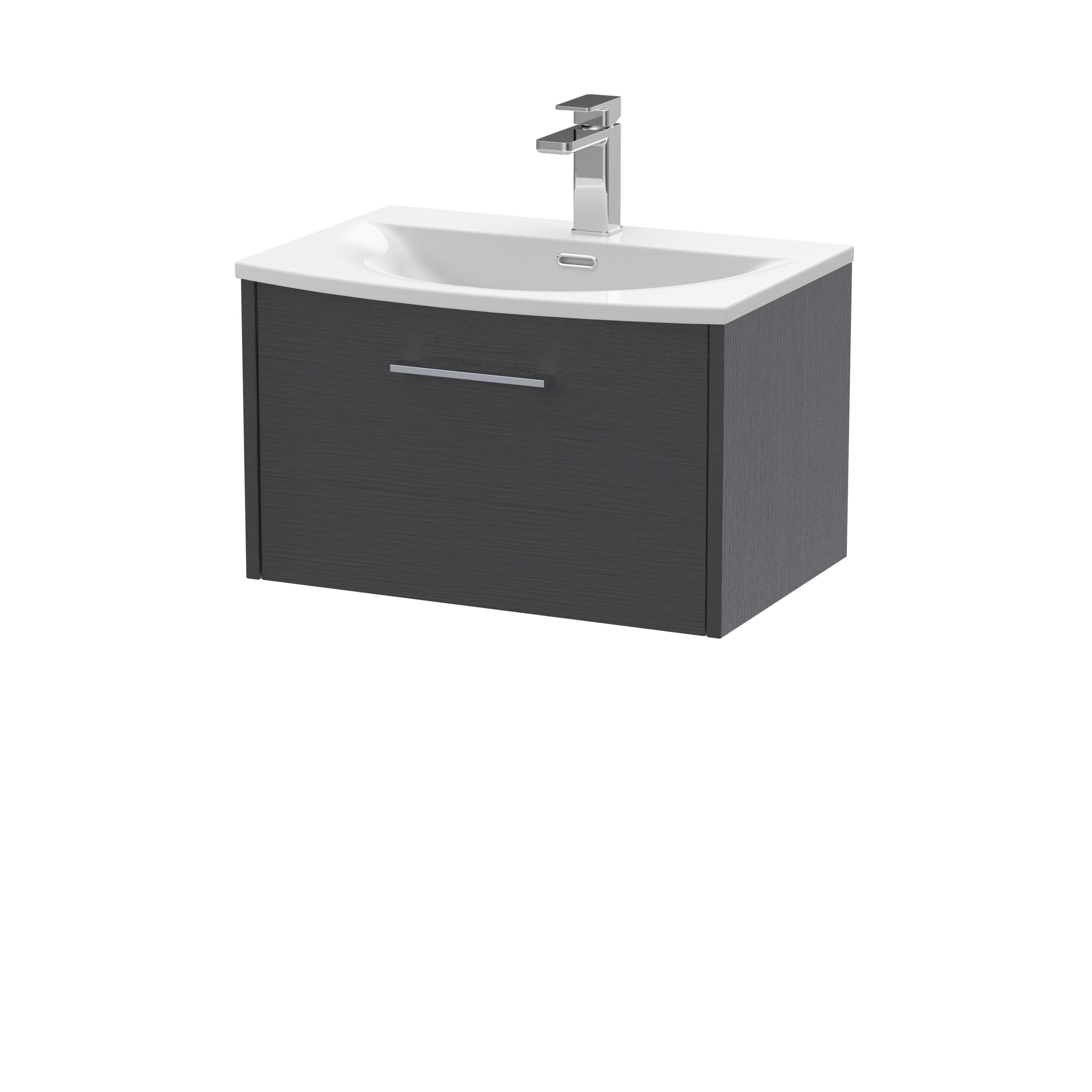 Hudson Reed Juno Wall Hung 1-Drawer Vanity and Curved 1 Tap Hole Basin, Modern Sink Vanity Unit, Graphite Grey Woodgrain, 600mm