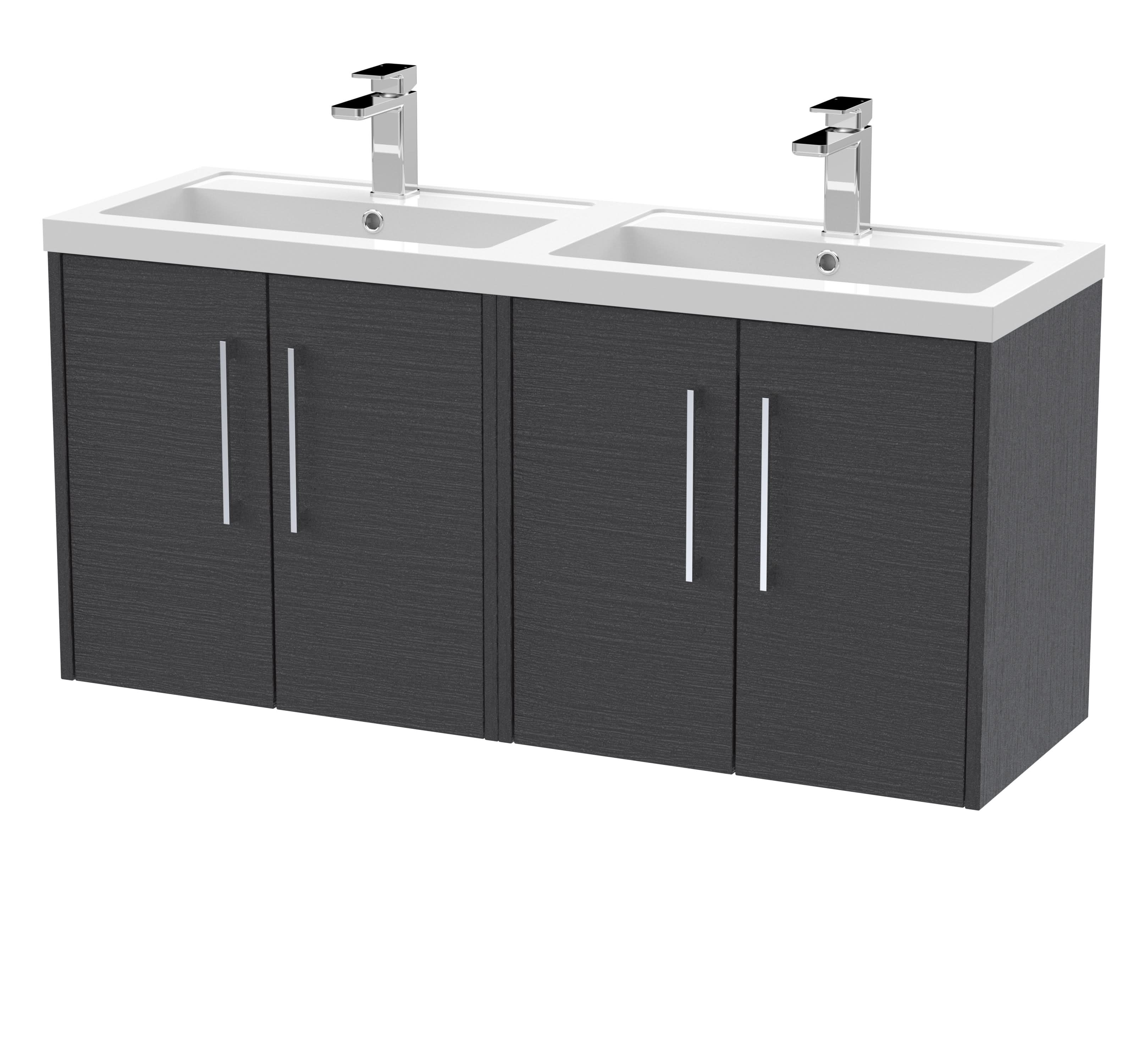 Hudson Reed Fluted Wall Hung 4-Door Vanity and Double Polymarble Basin, Contemporary Sink Vanity Unit, Graphite Grey Woodgrain, 1200mm