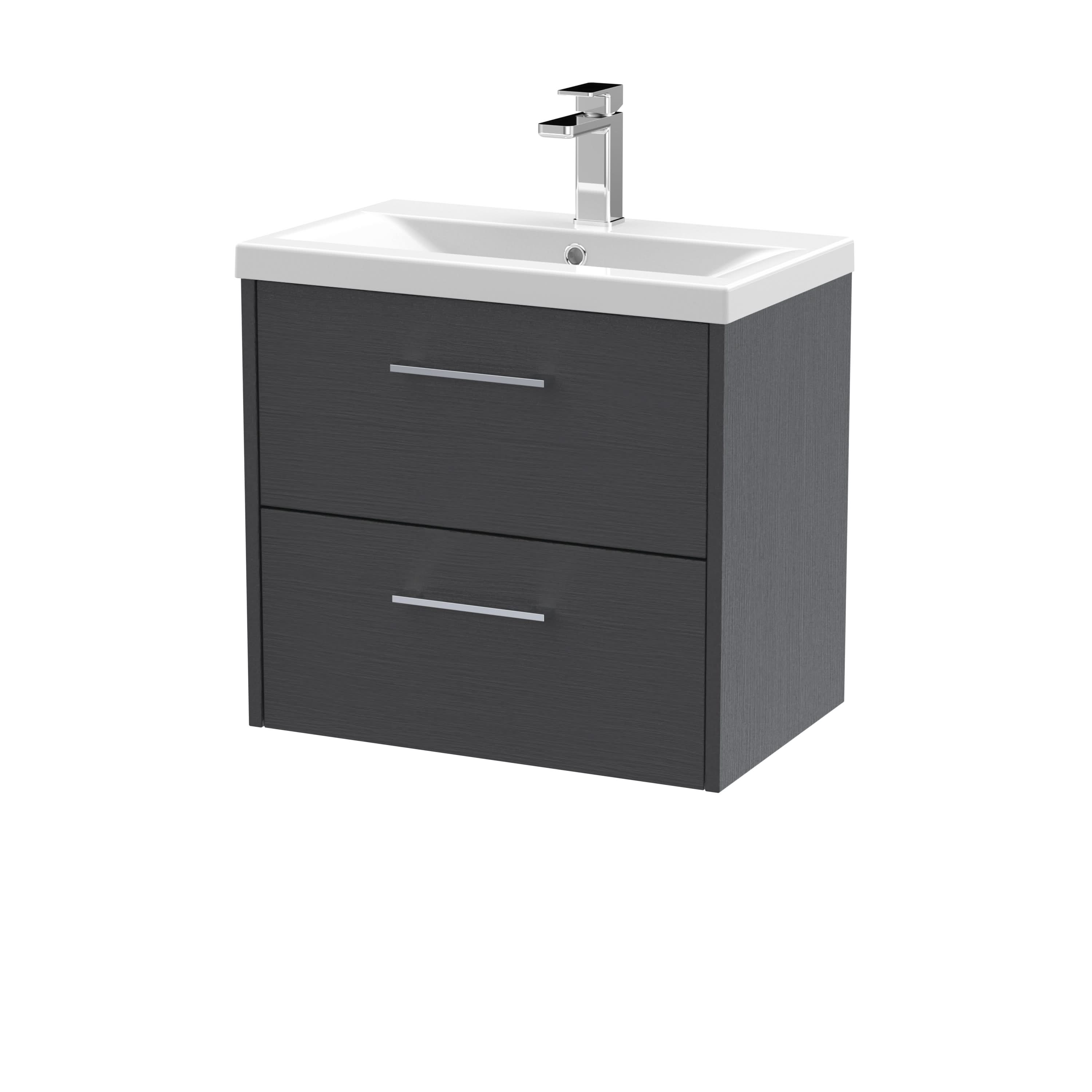 Hudson Reed Juno Wall Hung 2-Drawer Vanity and Mid-Edge 1 Tap Hole Basin, Stylish Sink Vanity Unit, Graphite Grey Woodgrain, 600mm