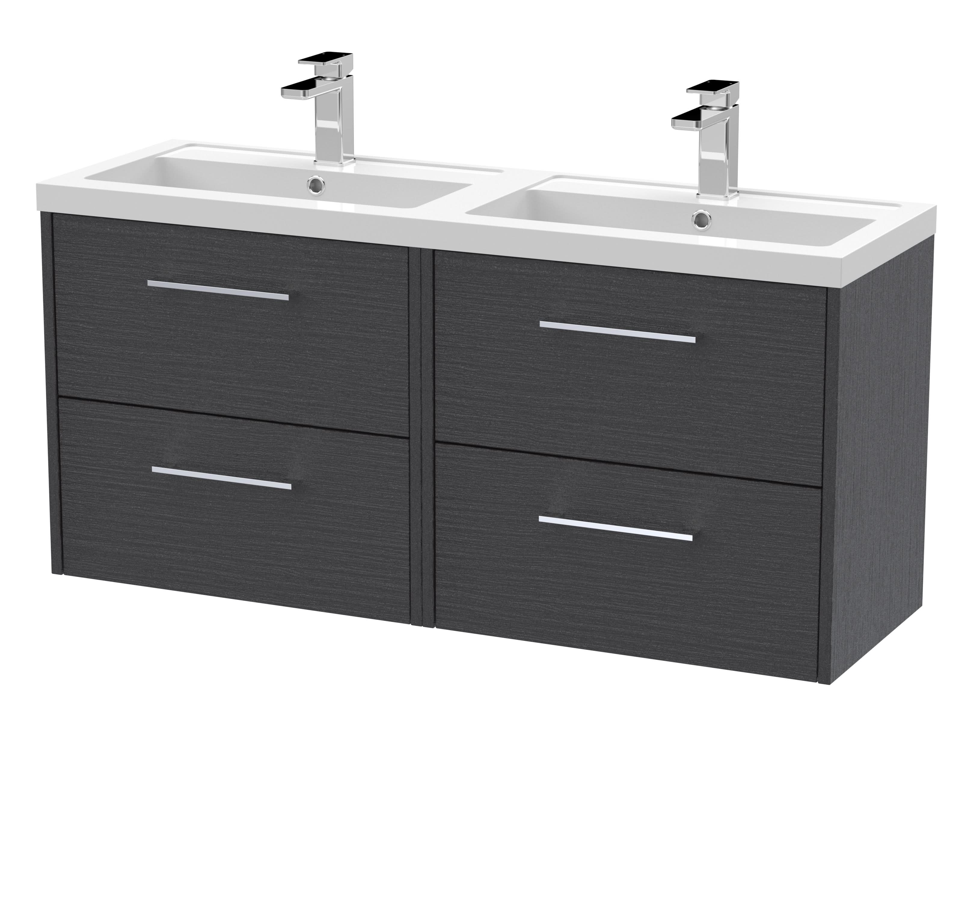 Hudson Reed Fluted Wall Hung 4-Drawer Vanity and Double Polymarble Basin, Contemporary Sink Vanity Unit, Graphite Grey Woodgrain, 1200mm