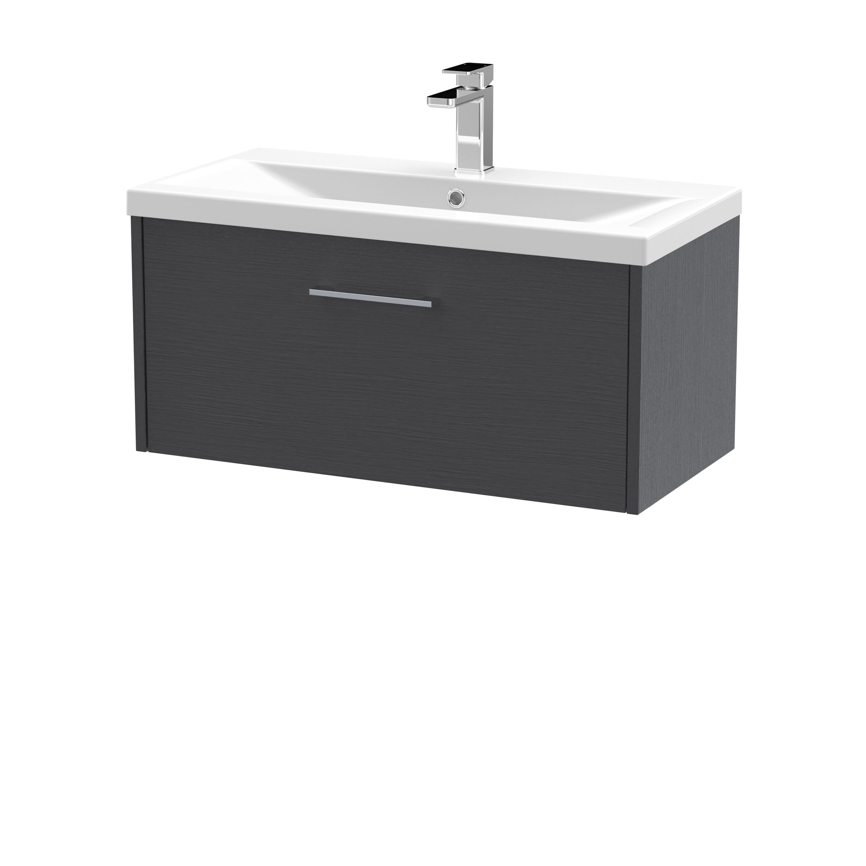 Hudson Reed Juno Wall Hung 1-Drawer Vanity and Mid-Edge 1 Tap Hole Basin, Spacious Sink Vanity Unit, Graphite Grey Woodgrain, 800mm