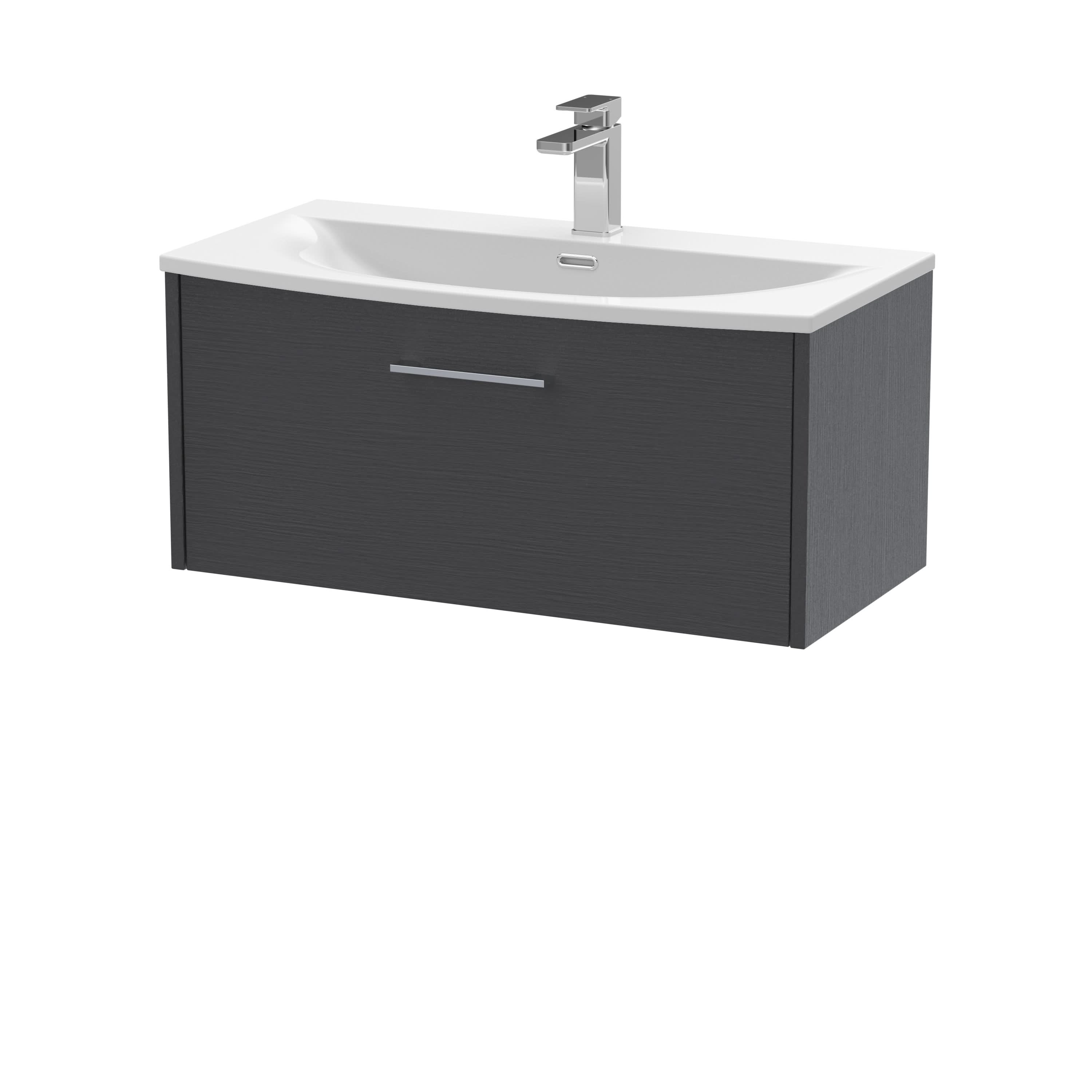 Hudson Reed Juno Wall Hung 1-Drawer Vanity and Curved 1 Tap Hole Basin, Spacious Sink Vanity Unit, Graphite Grey Woodgrain, 800mm