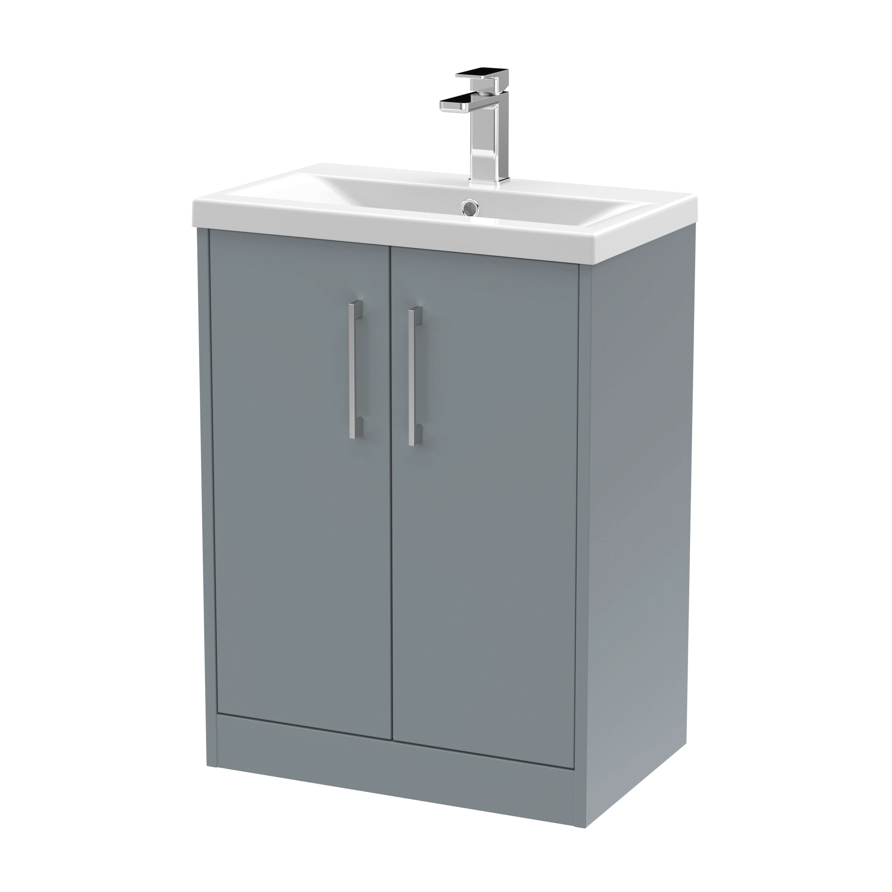 Hudson Reed Juno Floor Standing 2-Door Vanity & Mid-Edge 1 Tap Hole Basin, Timeless Sink Vanity Unit, Coastal Grey, 600mm