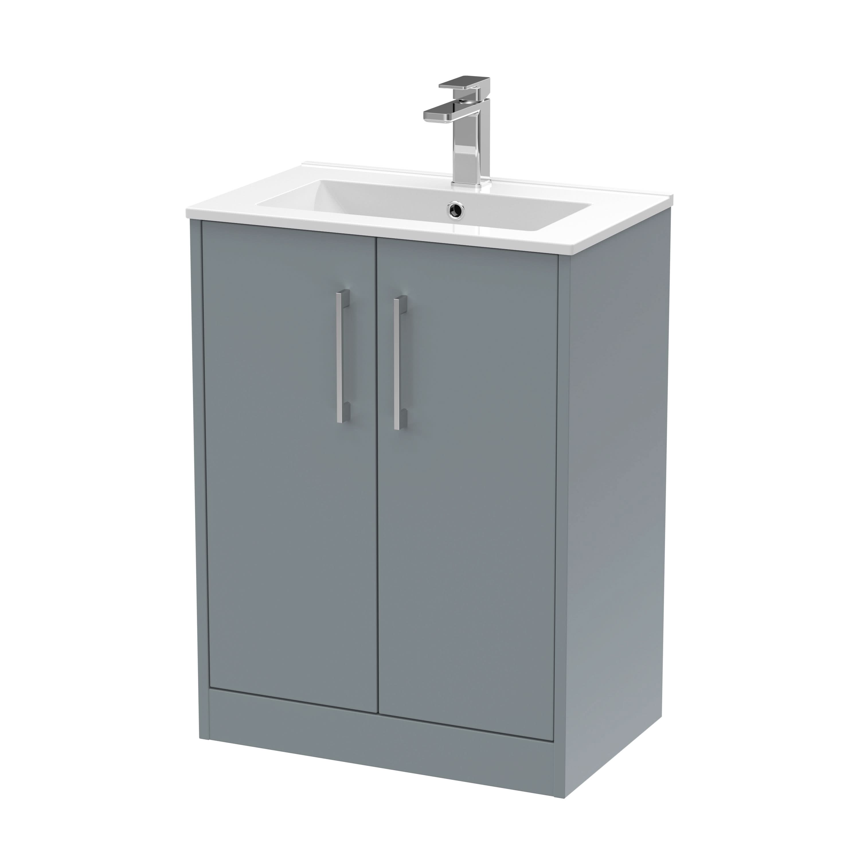 Hudson Reed Juno Floor Standing 2-Door Vanity & Minimalist 1 Tap Hole Basin, Timeless Sink Vanity Unit, Coastal Grey, 600mm