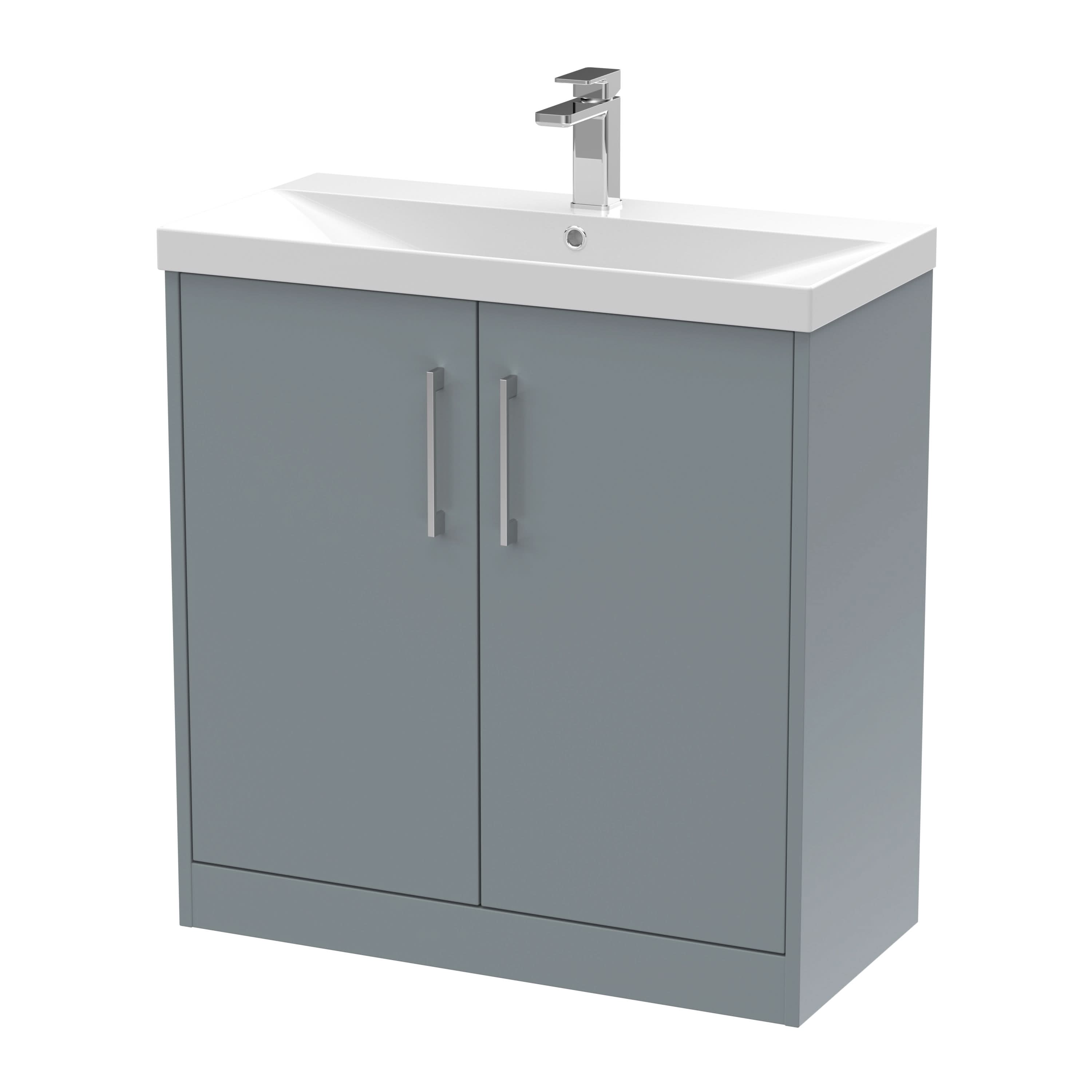 Hudson Reed Juno Floor Standing 2-Door Vanity & Thin-Edge 1 Tap Hole Basin, Timeless Sink Vanity Unit, Coastal Grey, 800mm