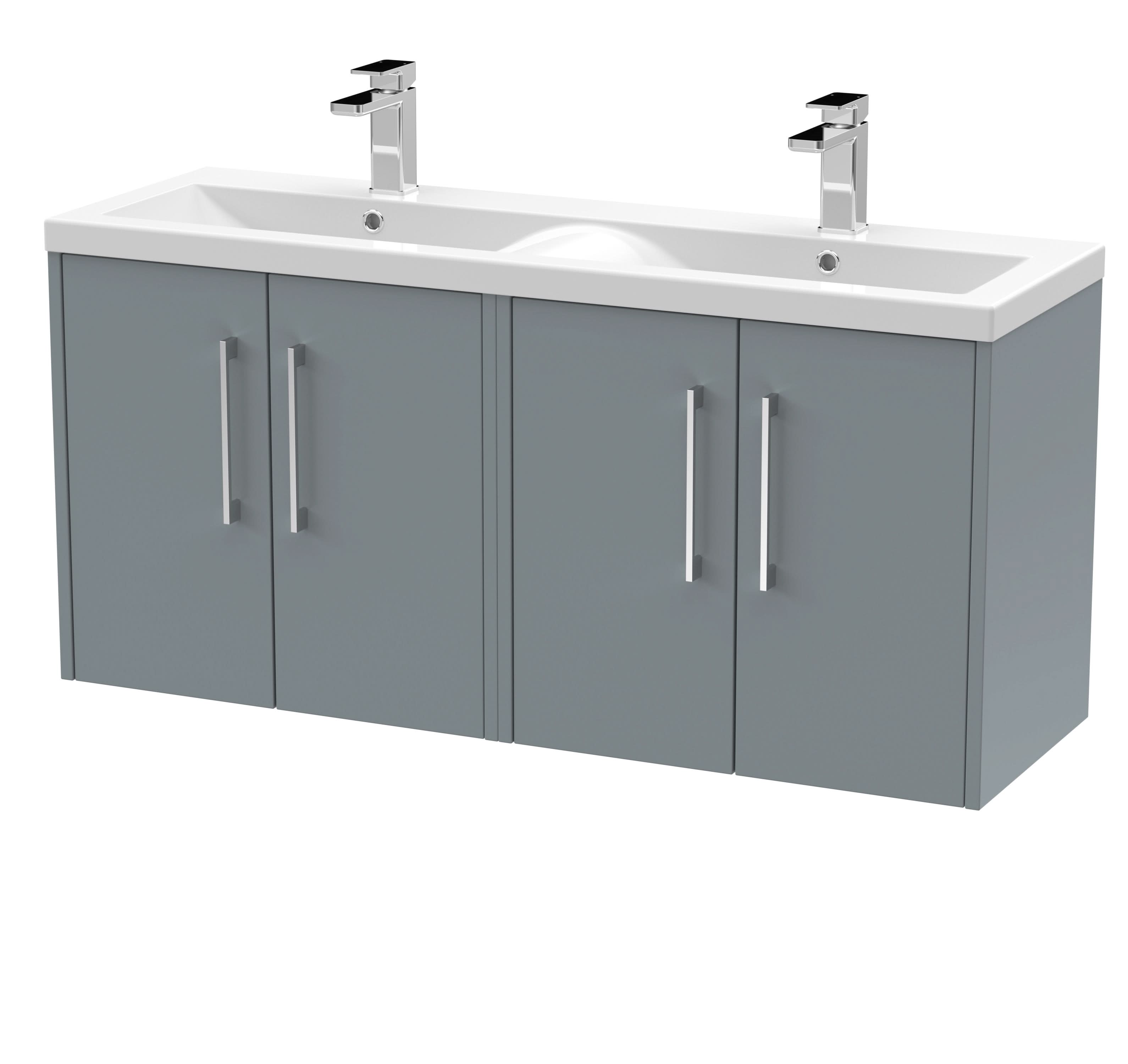 Hudson Reed Fluted Wall Hung 4-Door Vanity and Double Vitreous China Basin, Contemporary Sink Vanity Unit, Coastal Grey, 1200mm