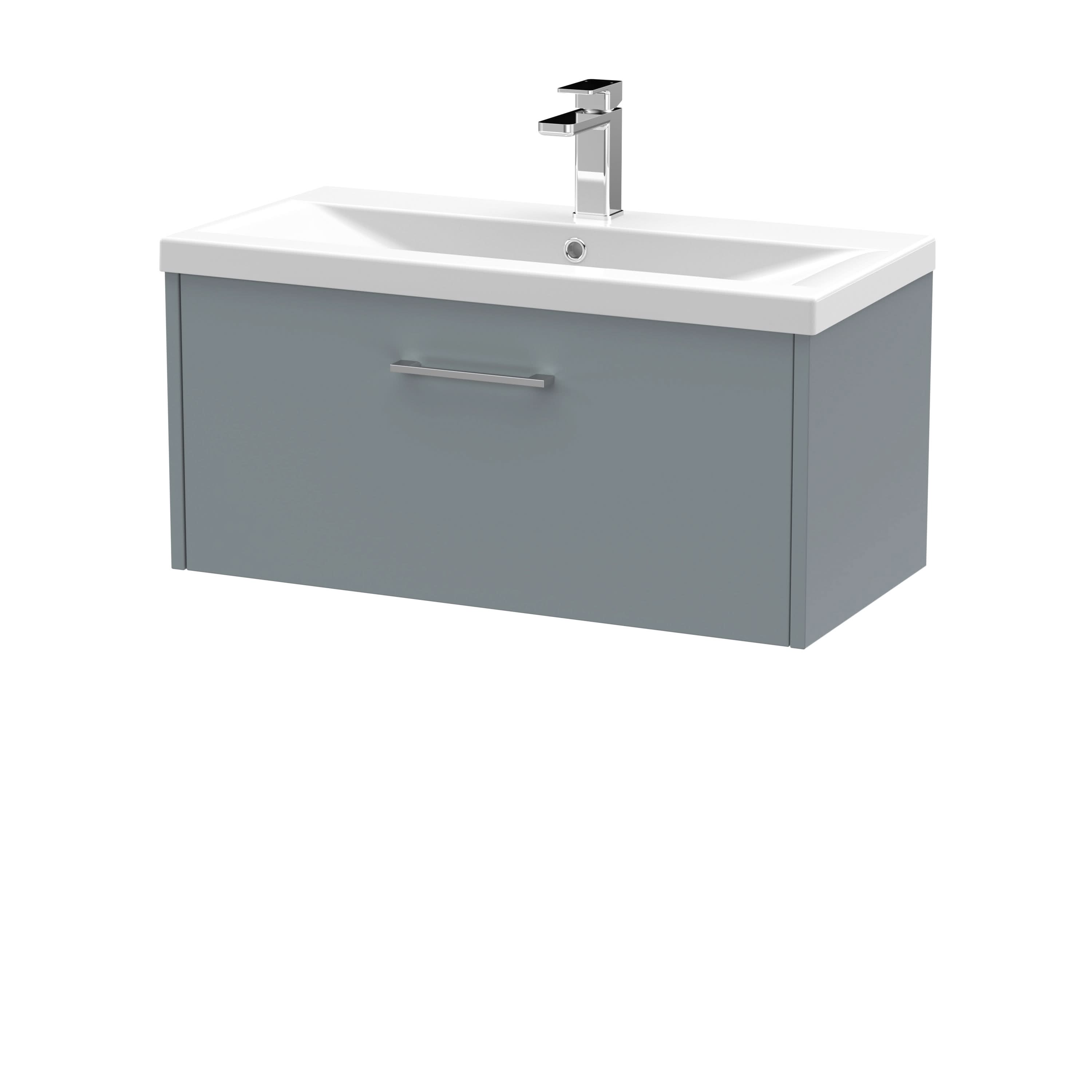 Hudson Reed Juno Wall Hung 1-Drawer Vanity and Mid-Edge 1 Tap Hole Basin, Timeless Sink Vanity Unit, Coastal Grey, 800mm
