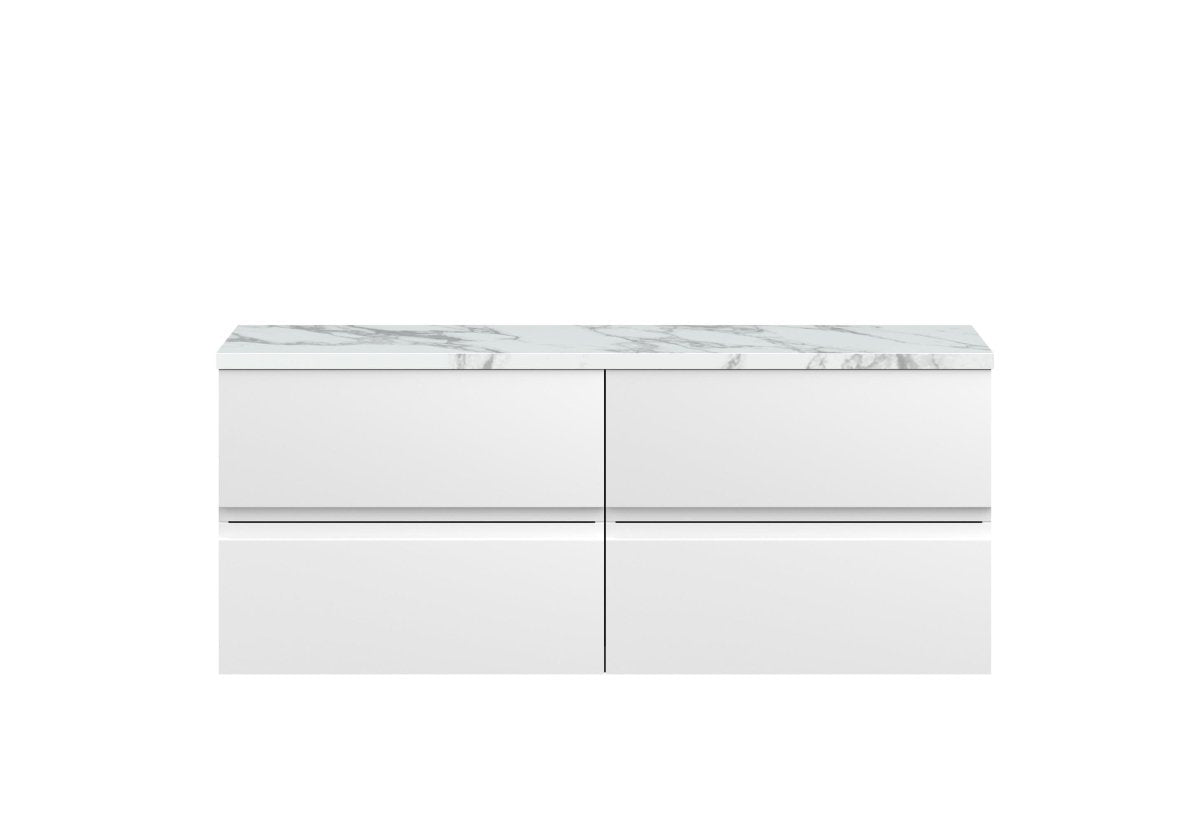 Hudson Reed Urban Wall Hung Countertop Basin Vanity Unit with 4 Soft-Close Drawers and White Laminate Marble Effect Top, Modern Luxury Bathroom Storage in Satin White, 1200mm