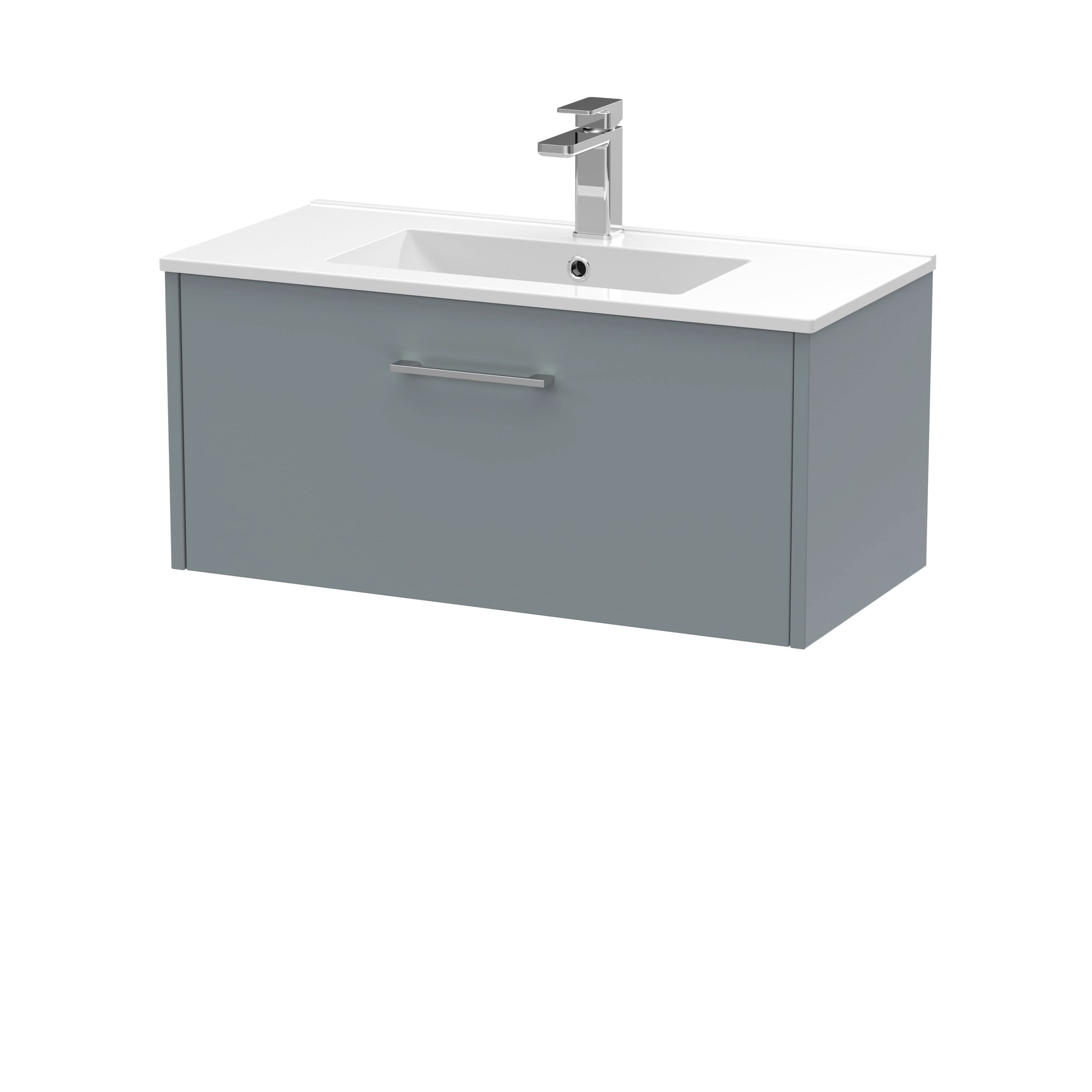Hudson Reed Juno Wall Hung 1-Drawer Vanity and Minimalist 1 Tap Hole Basin, Timeless Sink Vanity Unit, Coastal Grey, 800mm