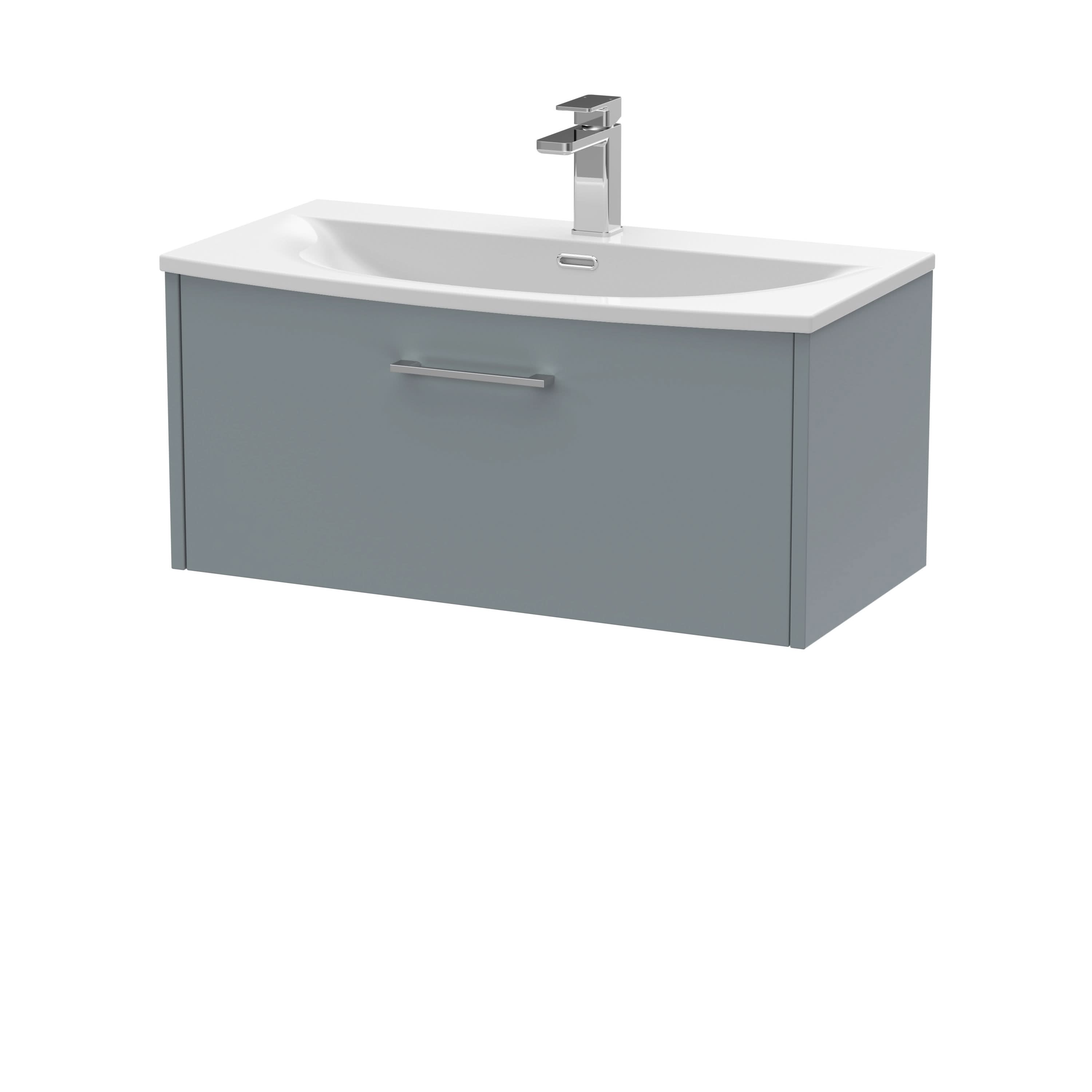 Hudson Reed Juno Wall Hung 1-Drawer Vanity and Curved 1 Tap Hole Basin, Timeless Sink Vanity Unit, Coastal Grey, 800mm
