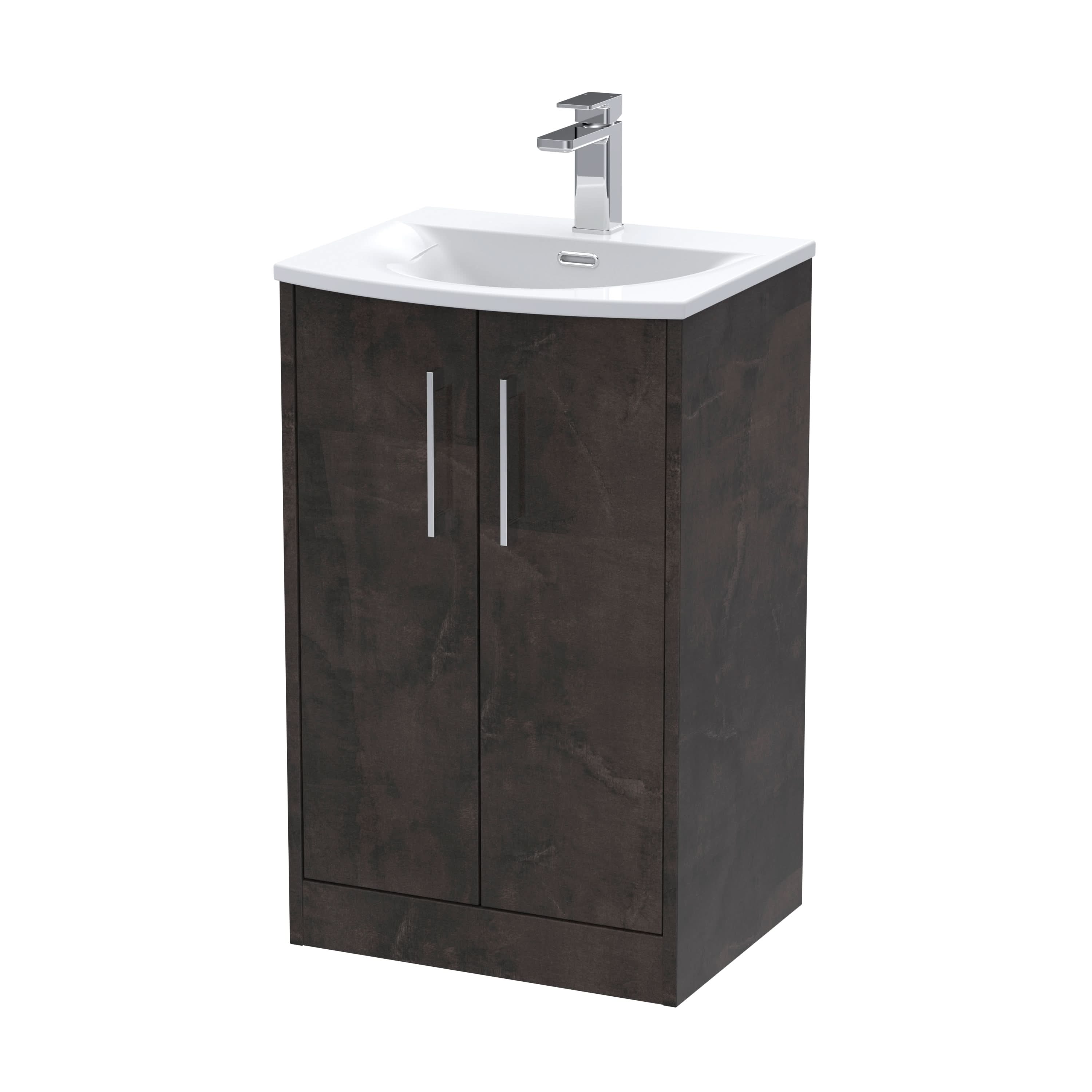 Hudson Reed Juno Floor Standing 2-Door Vanity & Curved 1 Tap Hole Basin, Refined Sink Vanity Unit, Metallic Slate, 500mm