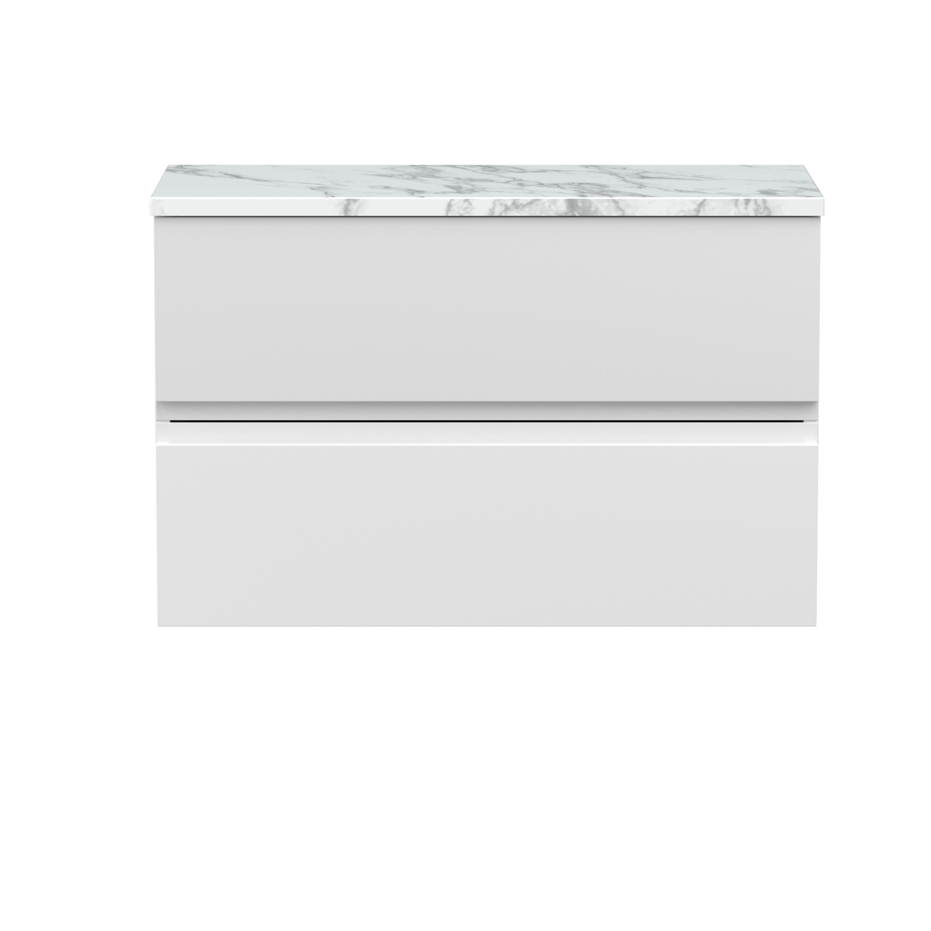 Hudson Reed Urban Wall Hung Countertop Basin Unit, 2 Soft Close Drawers Vanity Unit and Matt Carrera Marble Worktop in Satin White, 800mm