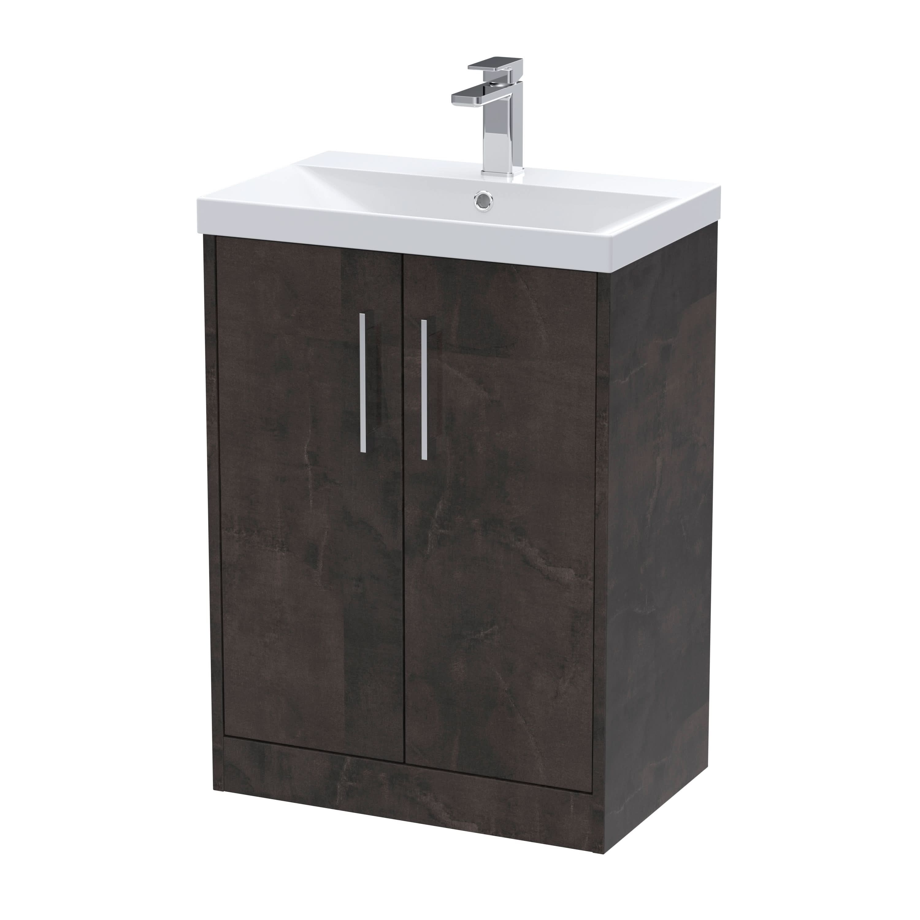 Hudson Reed Juno Floor Standing 2-Door Vanity & Thin-Edge 1 Tap Hole Basin, Refined Sink Vanity Unit, Metallic Slate, 600mm