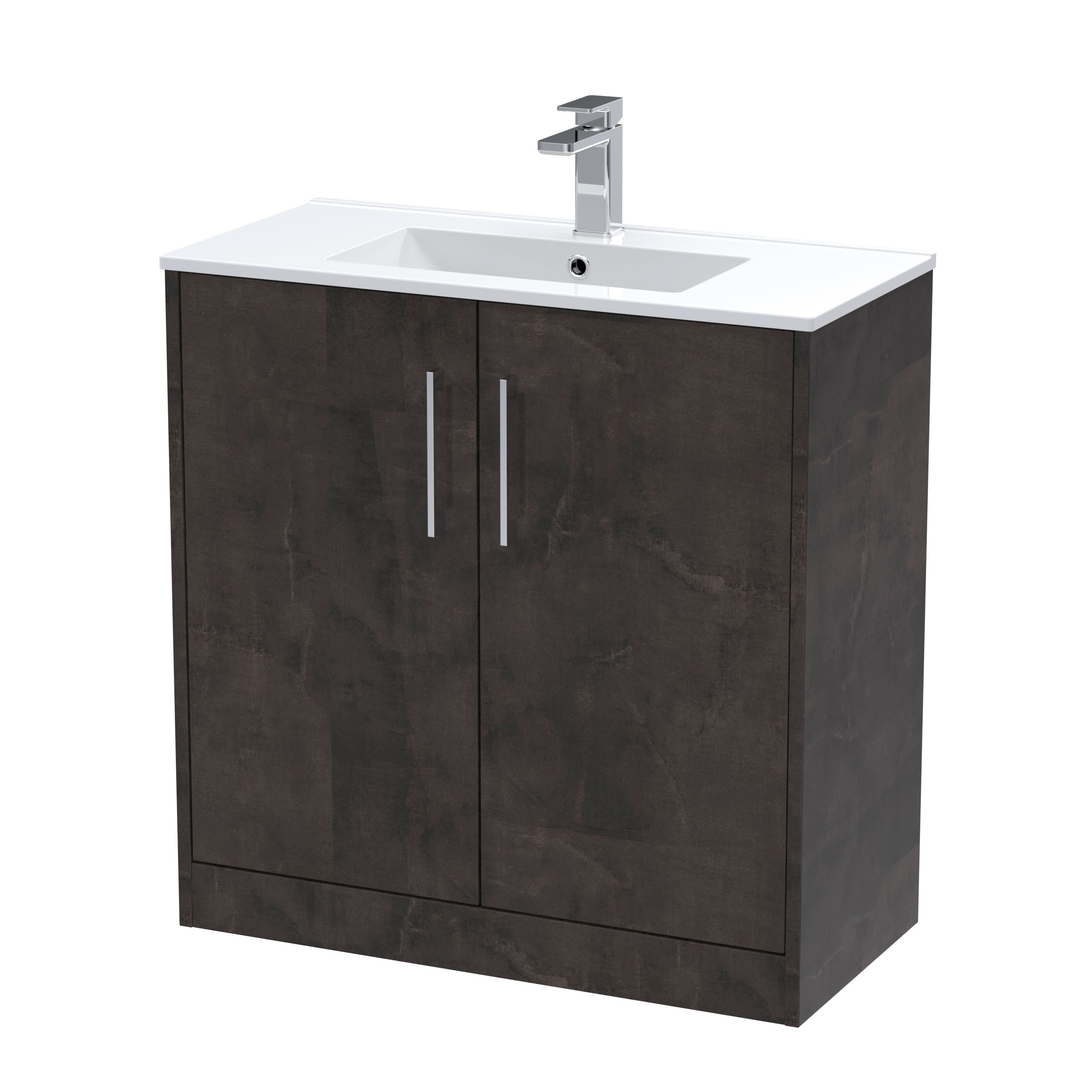 Hudson Reed Juno Floor Standing 2-Door Vanity & Minimalist 1 Tap Hole Basin, Refined Sink Vanity Unit, Metallic Slate, 800mm