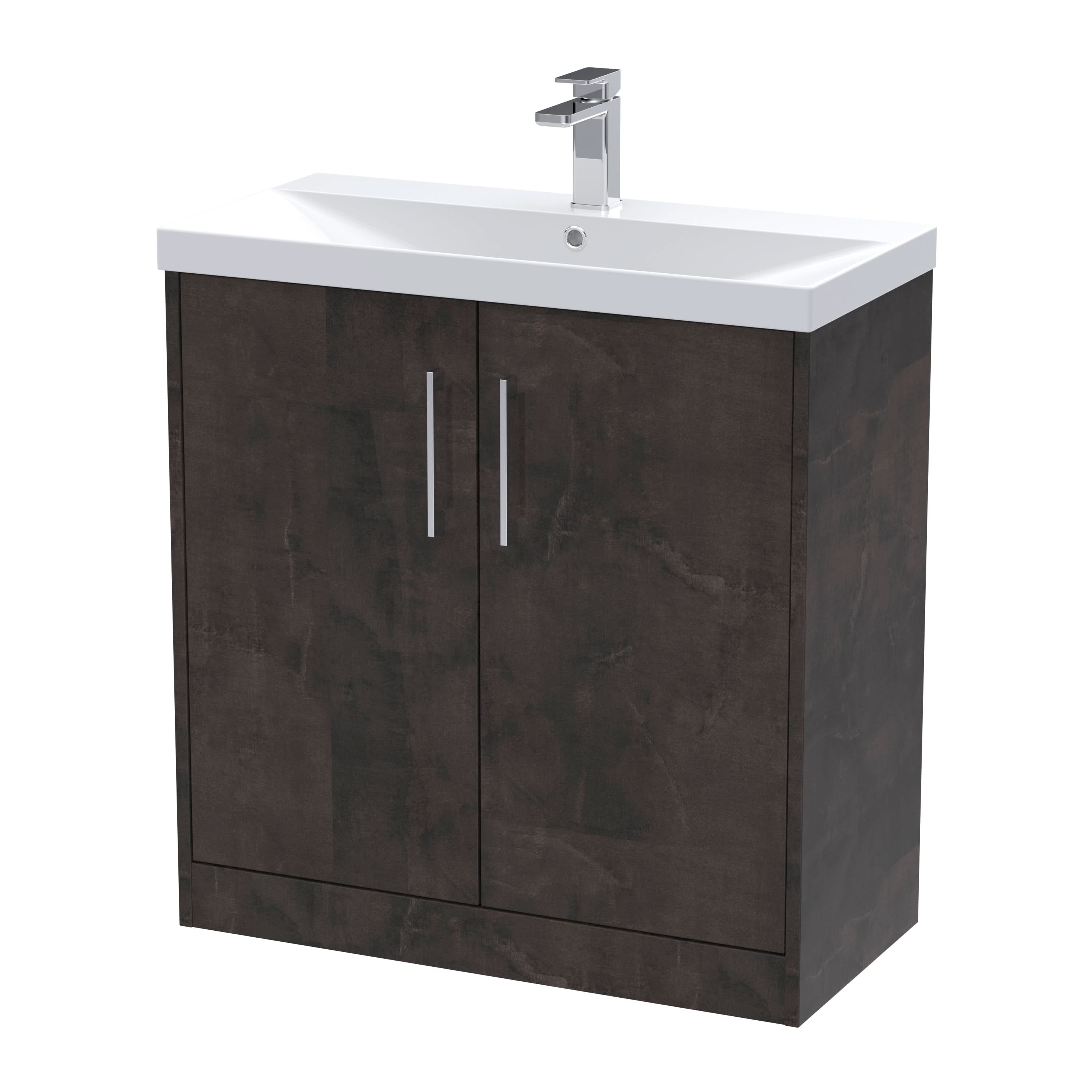 Hudson Reed Juno Floor Standing 2-Door Vanity & Thin-Edge 1 Tap Hole Basin, Refined Sink Vanity Unit, Metallic Slate, 800mm