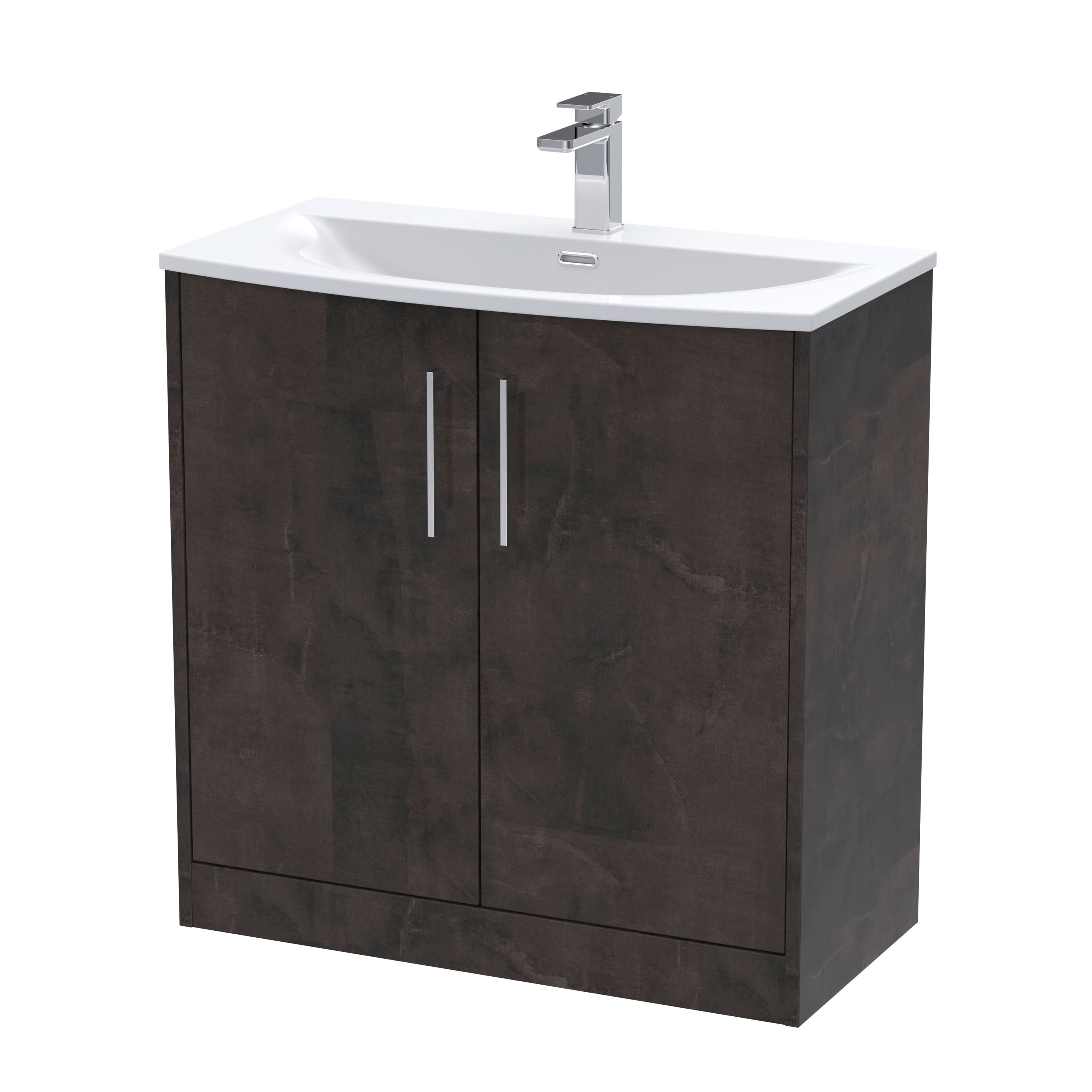 Hudson Reed Juno Floor Standing 2-Door Vanity & Curved 1 Tap Hole Basin, Refined Sink Vanity Unit, Metallic Slate, 800mm