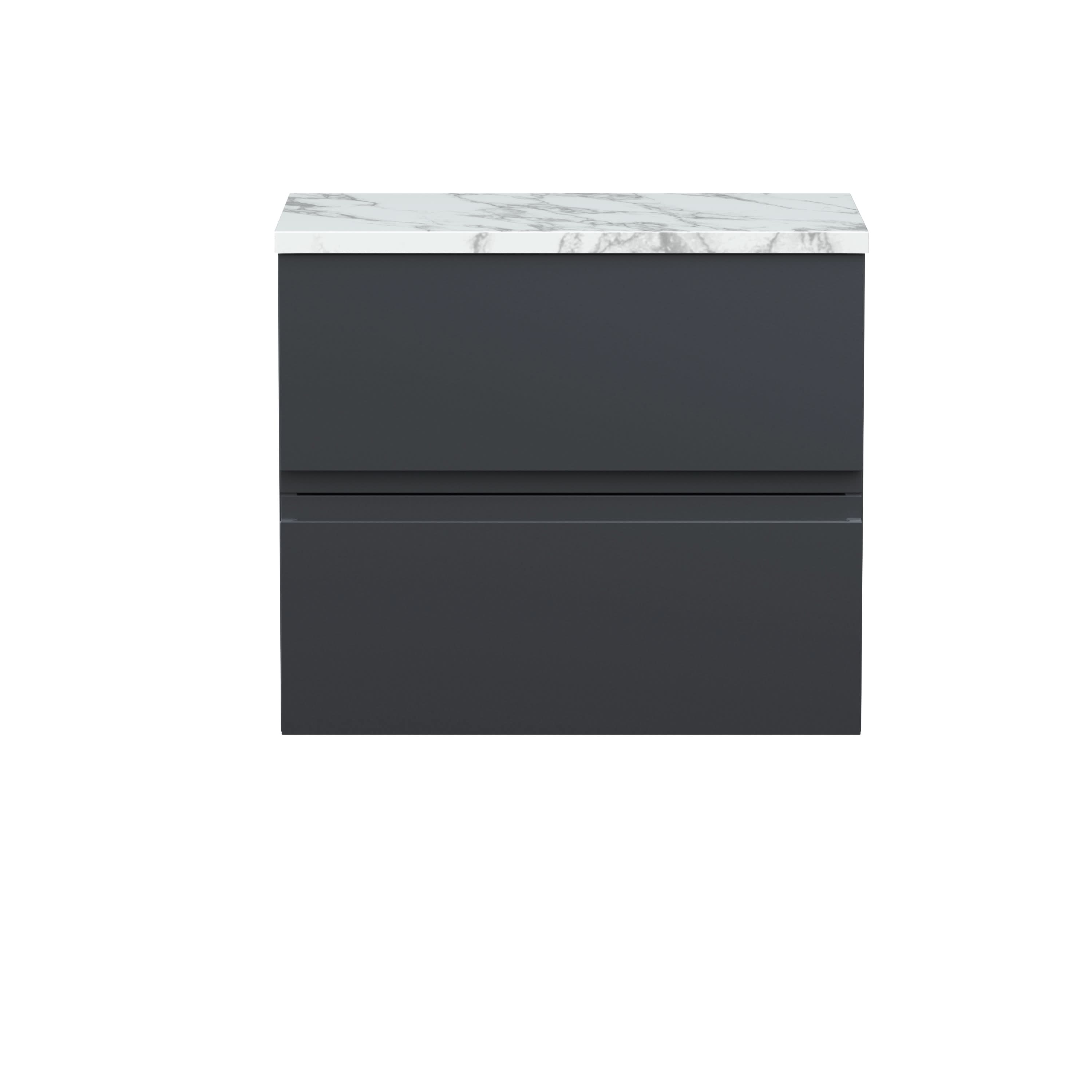 Hudson Reed Urban Wall Hung Countertop Basin Unit, 2 Drawers Vanity Unit and Matt Carrera Marble Worktop in Soft Black, 600mm