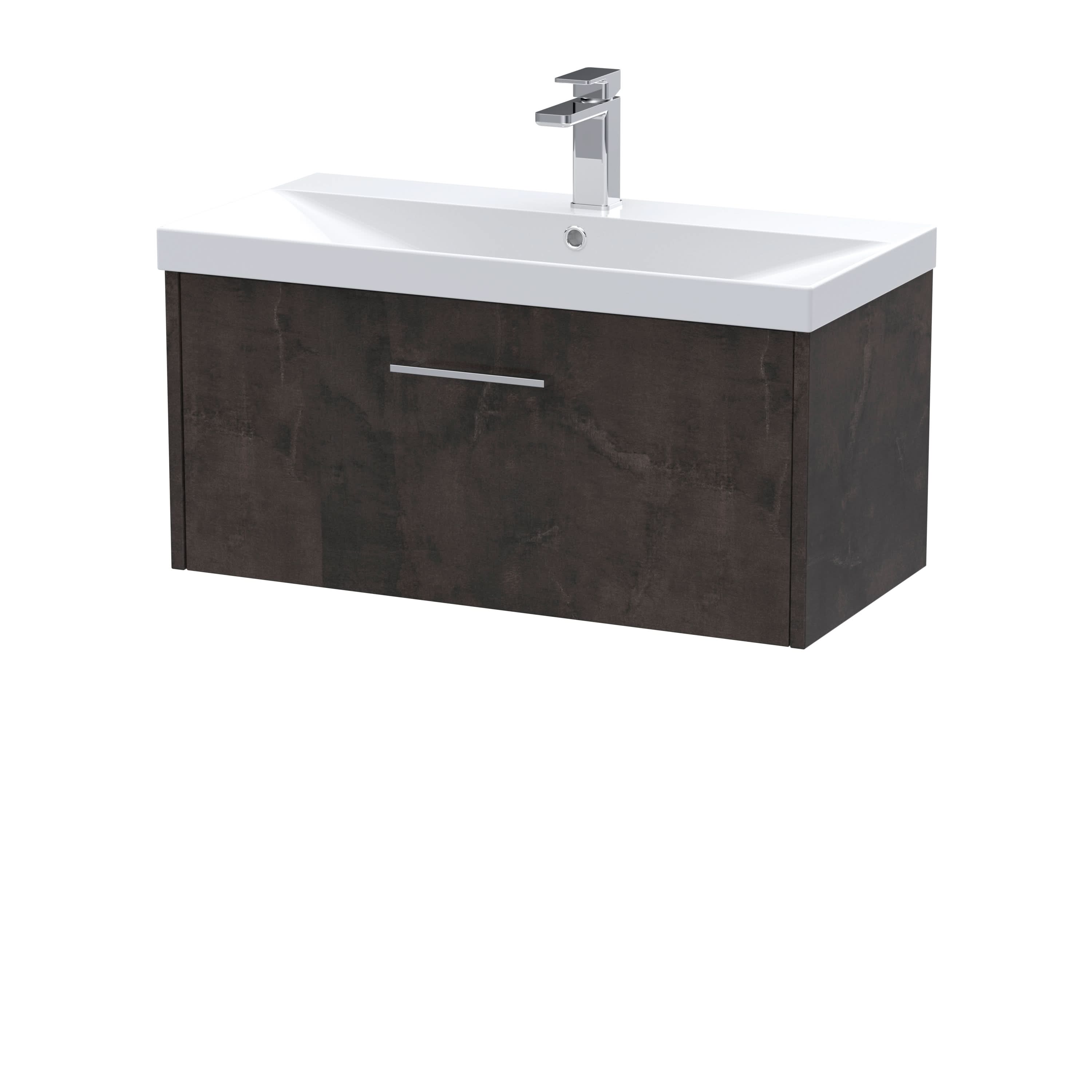 Hudson Reed Juno Wall Hung 1-Drawer Vanity and Thin-Edge 1 Tap Hole Basin, Refined Sink Vanity Unit, Metallic Slate, 800mm