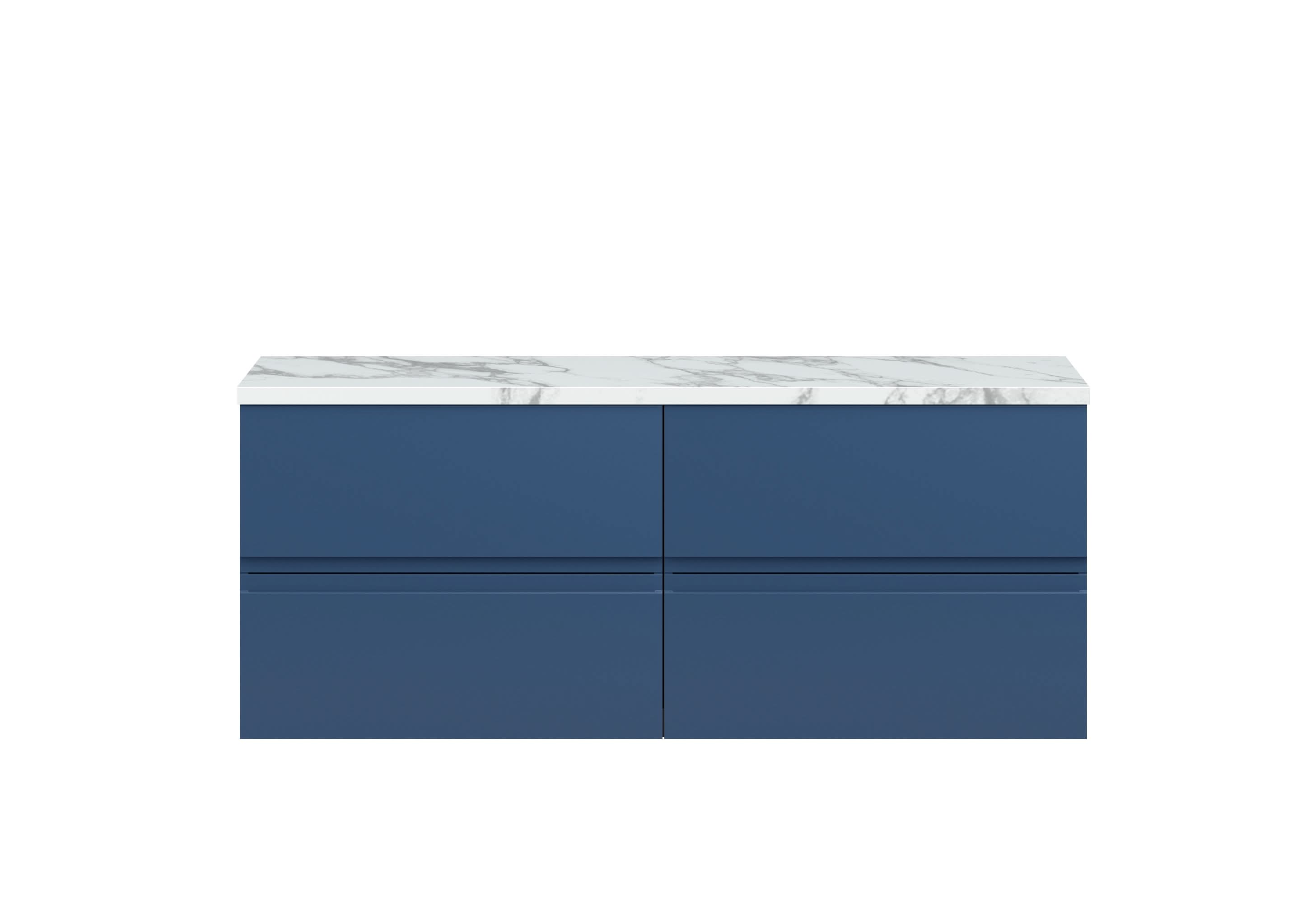 Hudson Reed Urban Wall Hung Countertop Basin Unit, 2 Drawers Vanity Unit and Matt Carrera Marble Worktop in Satin Blue, 1200mm