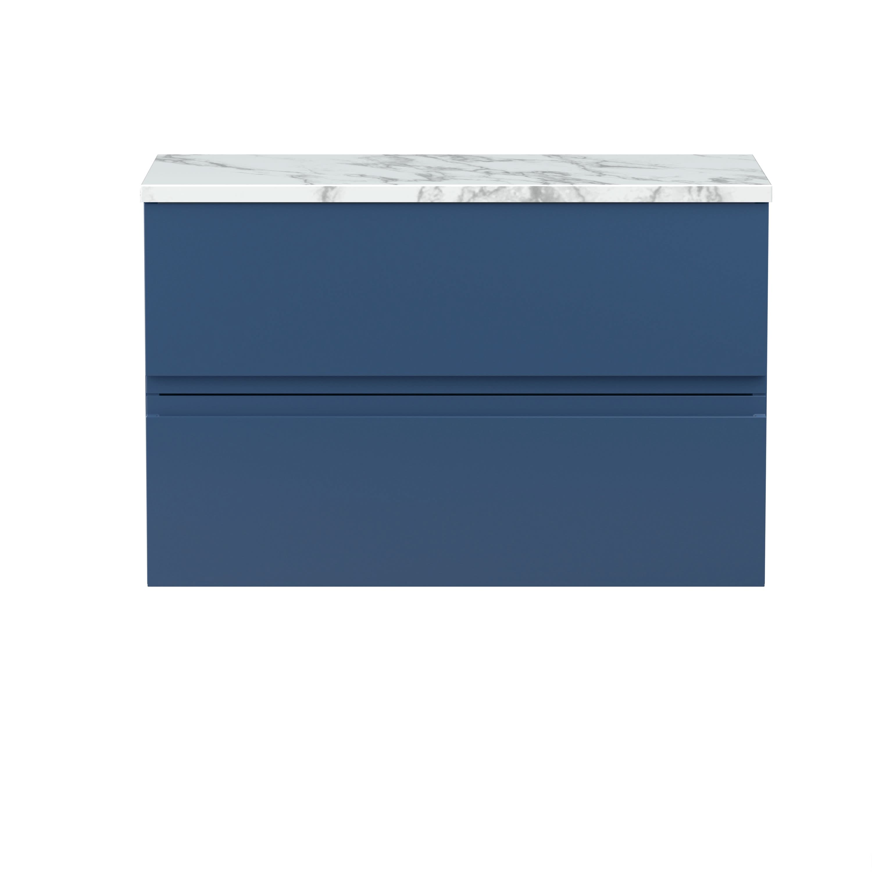 Hudson Reed Urban Wall Hung Countertop Basin Unit, 2 Soft Close Drawers Vanity Unit and Matt Carrera Marble Worktop in Satin Blue, 800mm