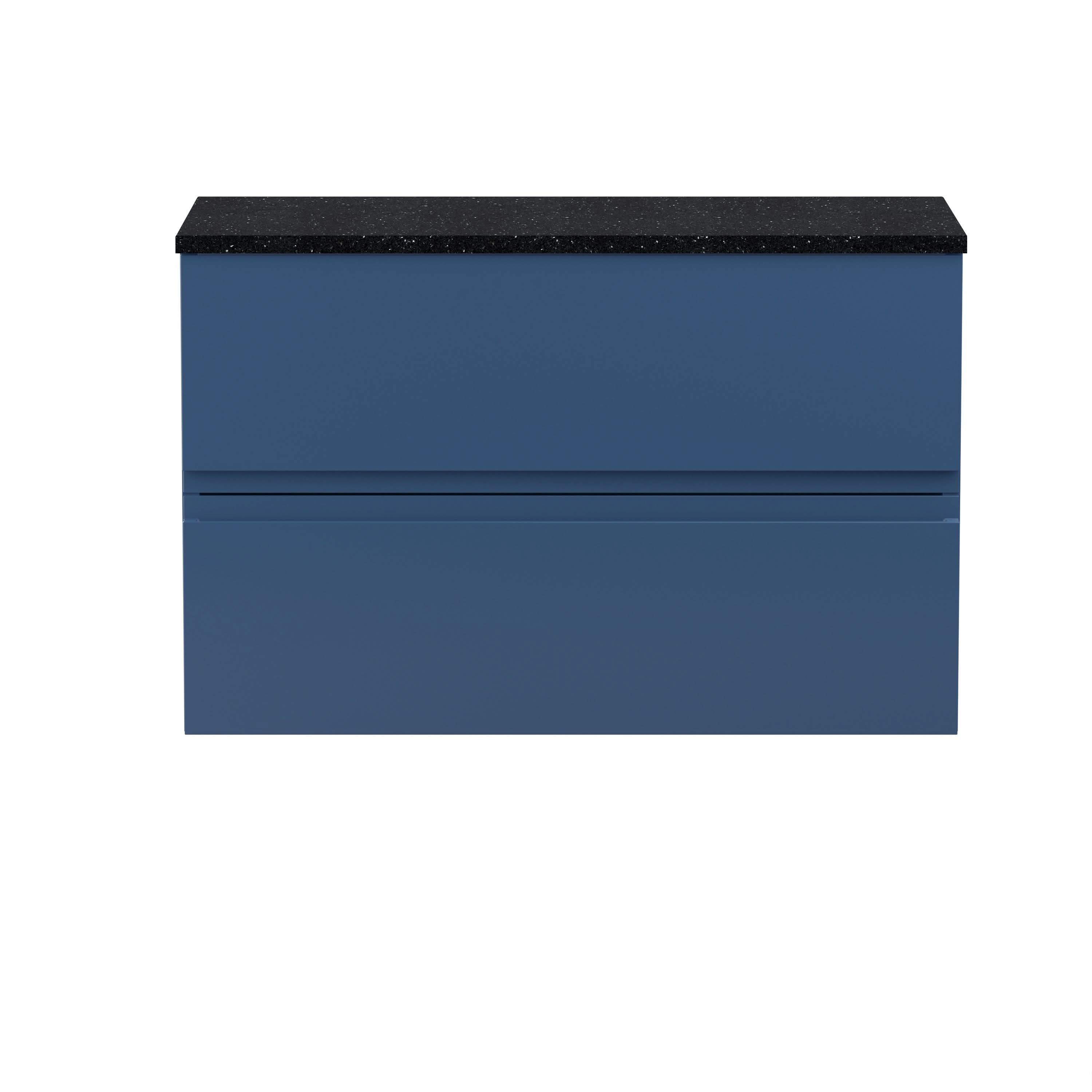 Hudson Reed Urban Wall Hung Countertop Basin Unit, 2 Soft Close Drawers Vanity Unit and Sparkling Black Worktop in Satin Blue, 800mm