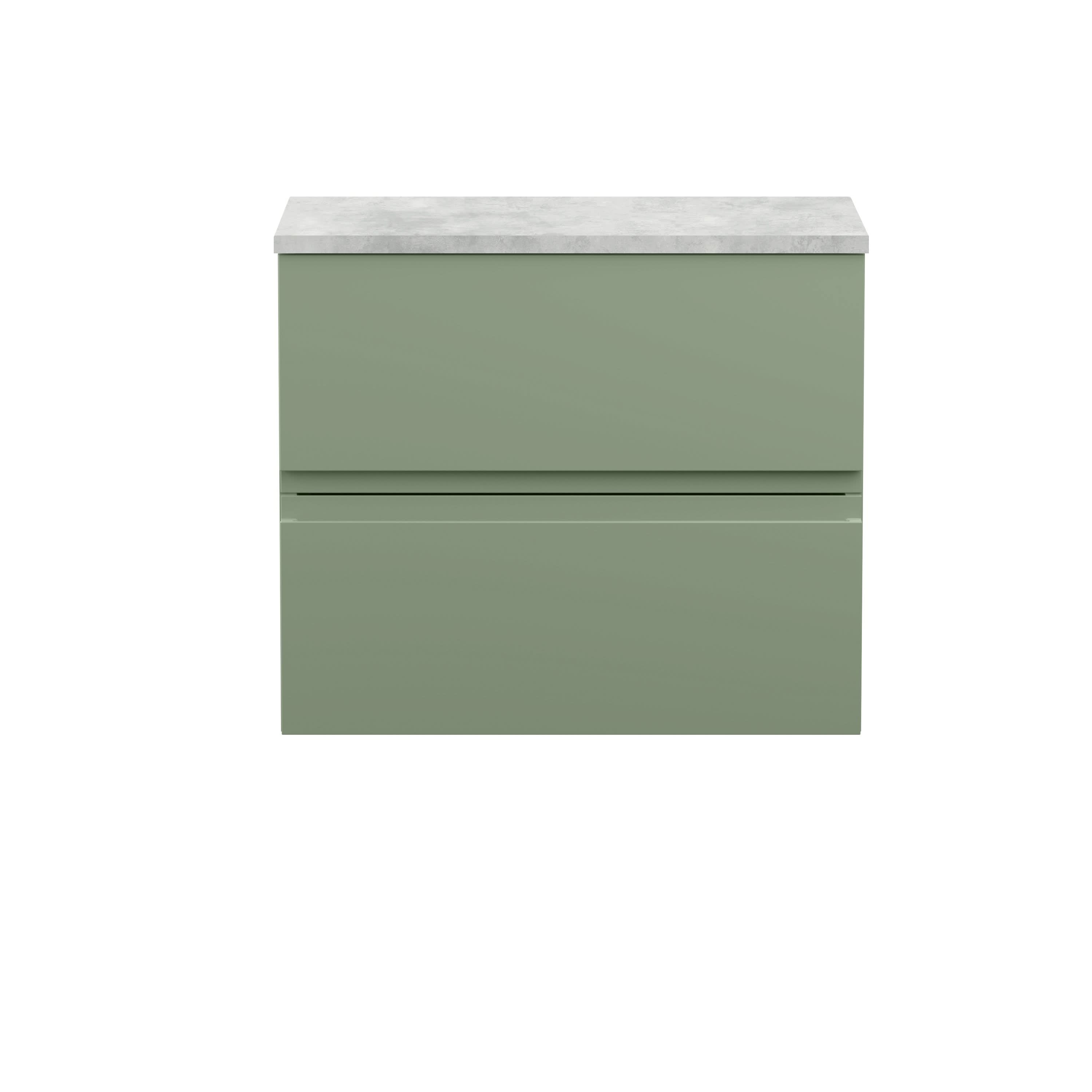 Hudson Reed Urban Wall Hung Countertop Basin Unit, 2 Soft Close Drawers Vanity Unit and Bellato Grey Worktop in Satin Green, 600mm