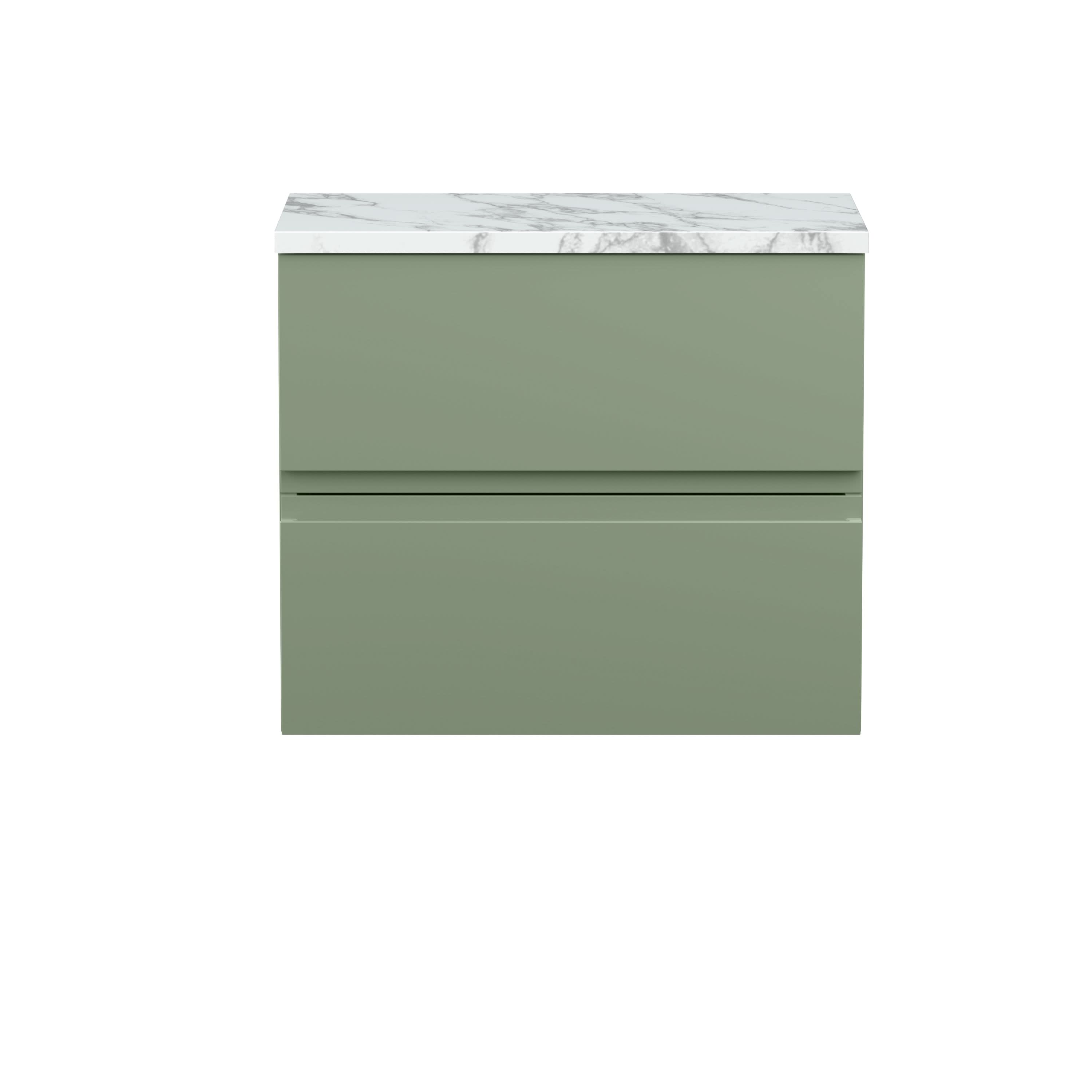Hudson Reed Urban Wall Hung Countertop Basin Unit, 2 Drawers Vanity Unit and Matt Carrera Marble Worktop in Satin Green, 600mm