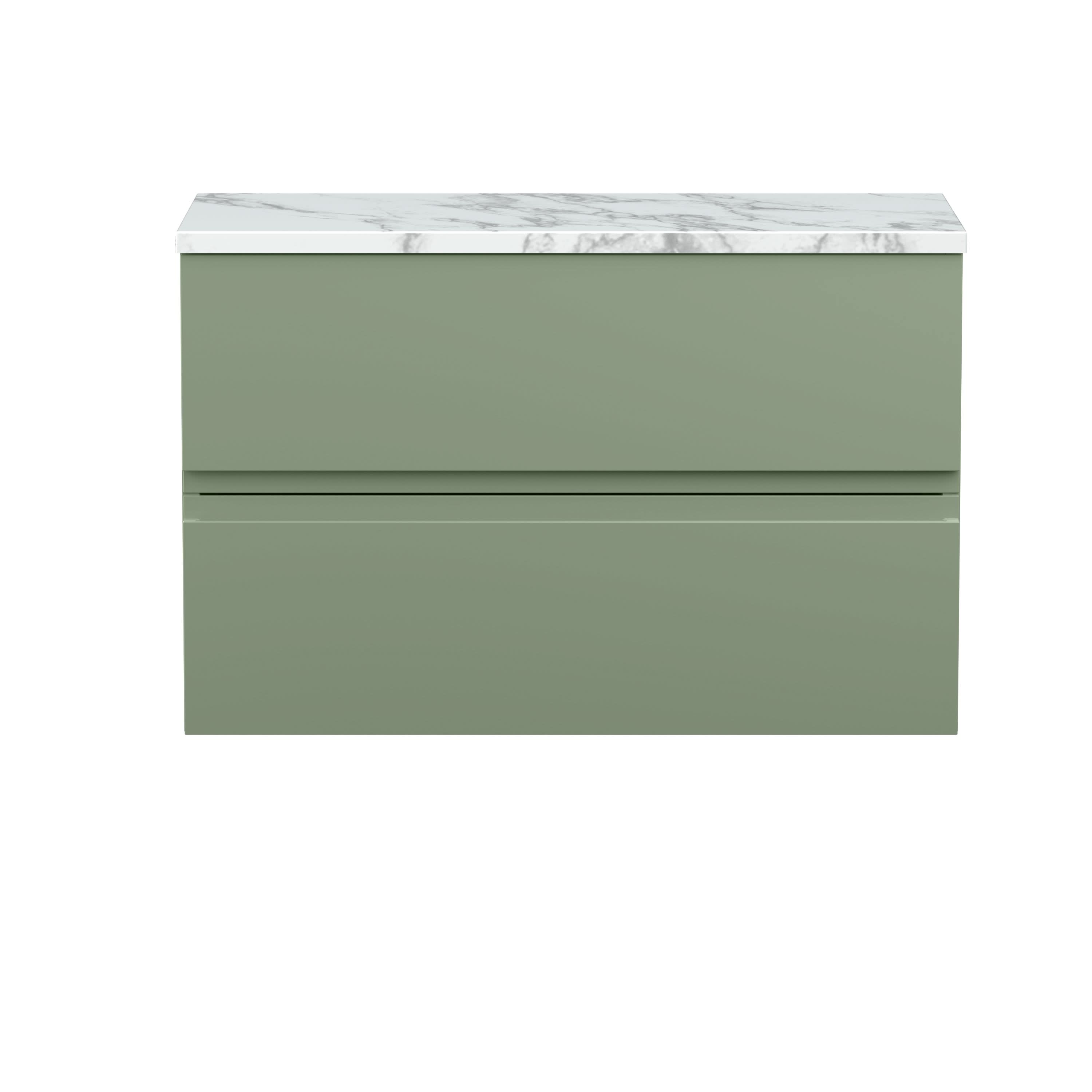 Hudson Reed Urban Wall Hung Countertop Basin Unit, 2 Soft Close Drawers Vanity Unit and Matt Carrera Marble Worktop in Satin Green, 800mm