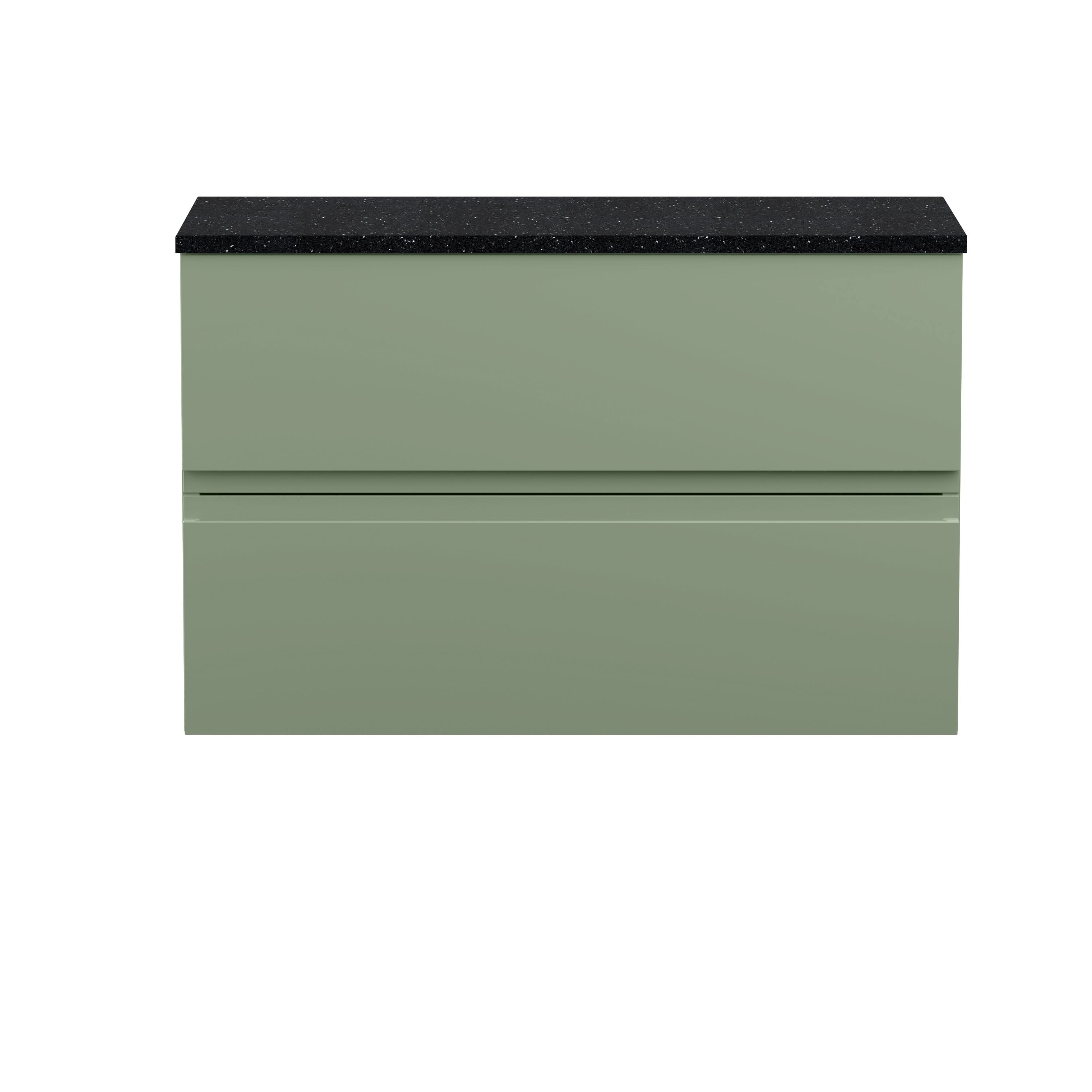 Hudson Reed Urban Wall Hung Countertop Basin Unit, 2 Soft Close Drawers Vanity Unit and Sparkling Black Worktop in Satin Green, 800mm