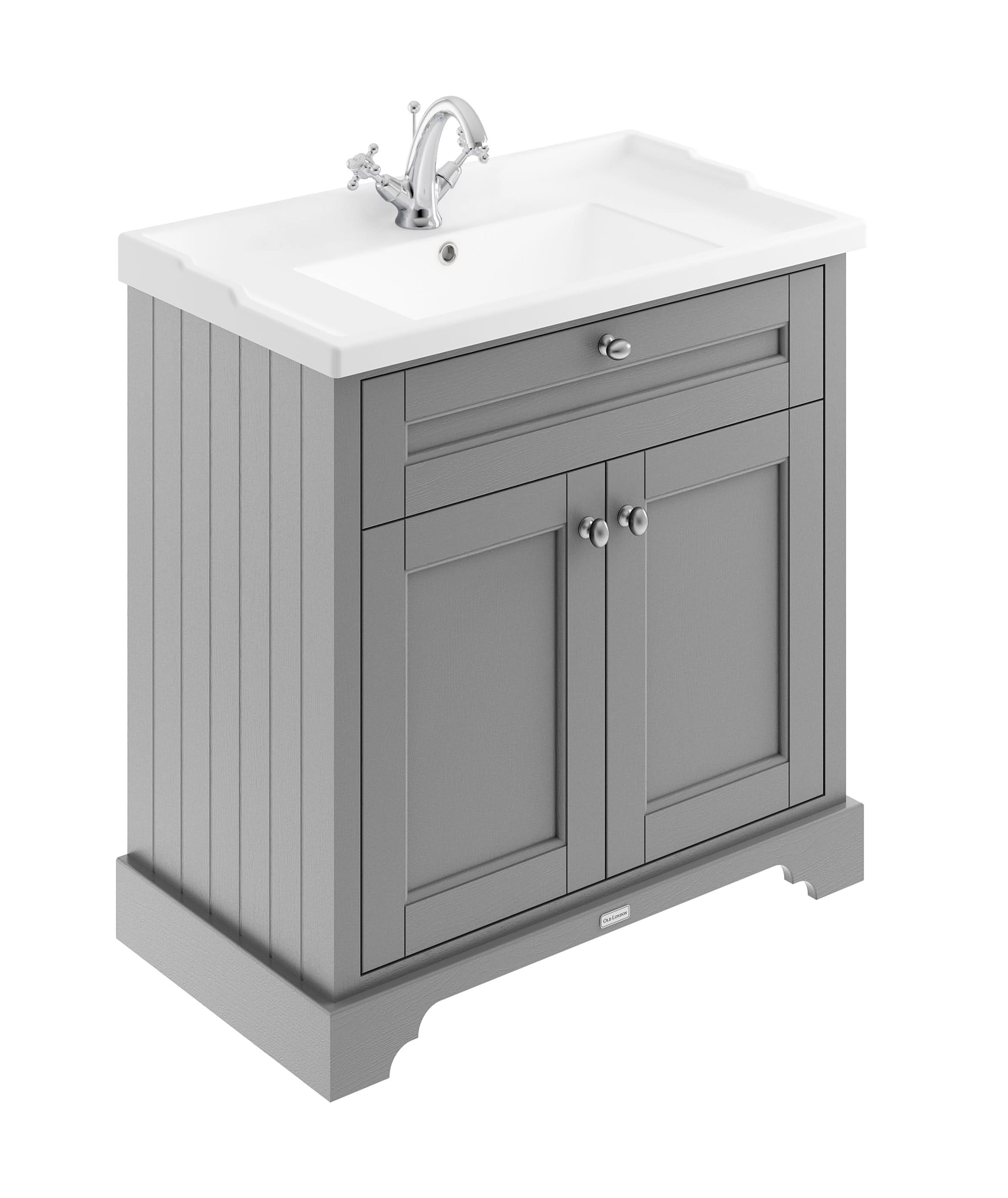 Old London Floor Standing Vanity Unit with 2 Doors & 1 Tap Hole Ceramic Basin, Traditional Sink Vanity Unit for Bathroom, Fully Assembled in Storm Grey, 800mm