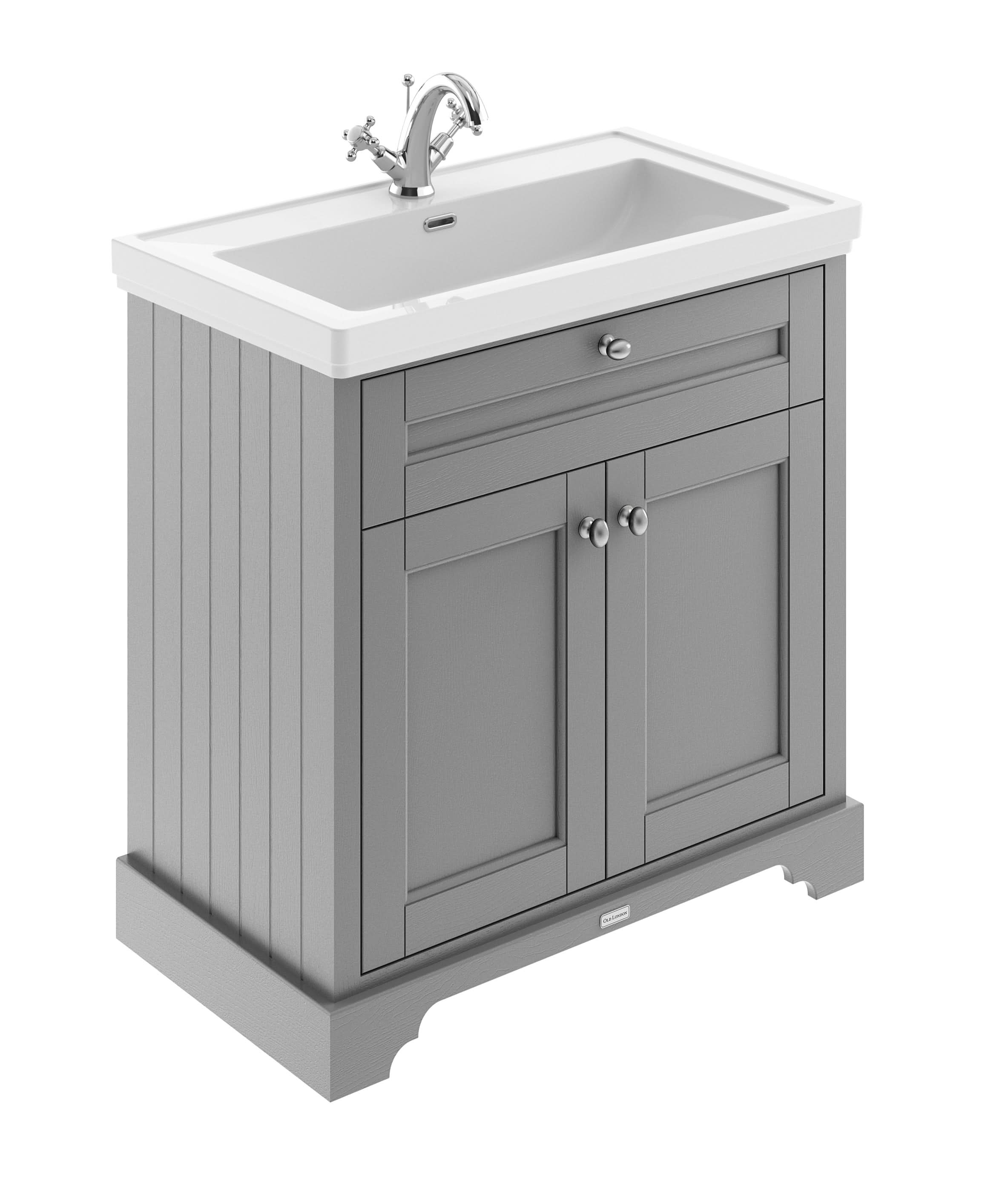 Old London Floor Standing Vanity Unit with Fireclay Basin, Traditional 2-Door Cabinet, Soft Close, 1 Tap Hole, Classic Bathroom Vanity Unit in Storm Grey, 800mm